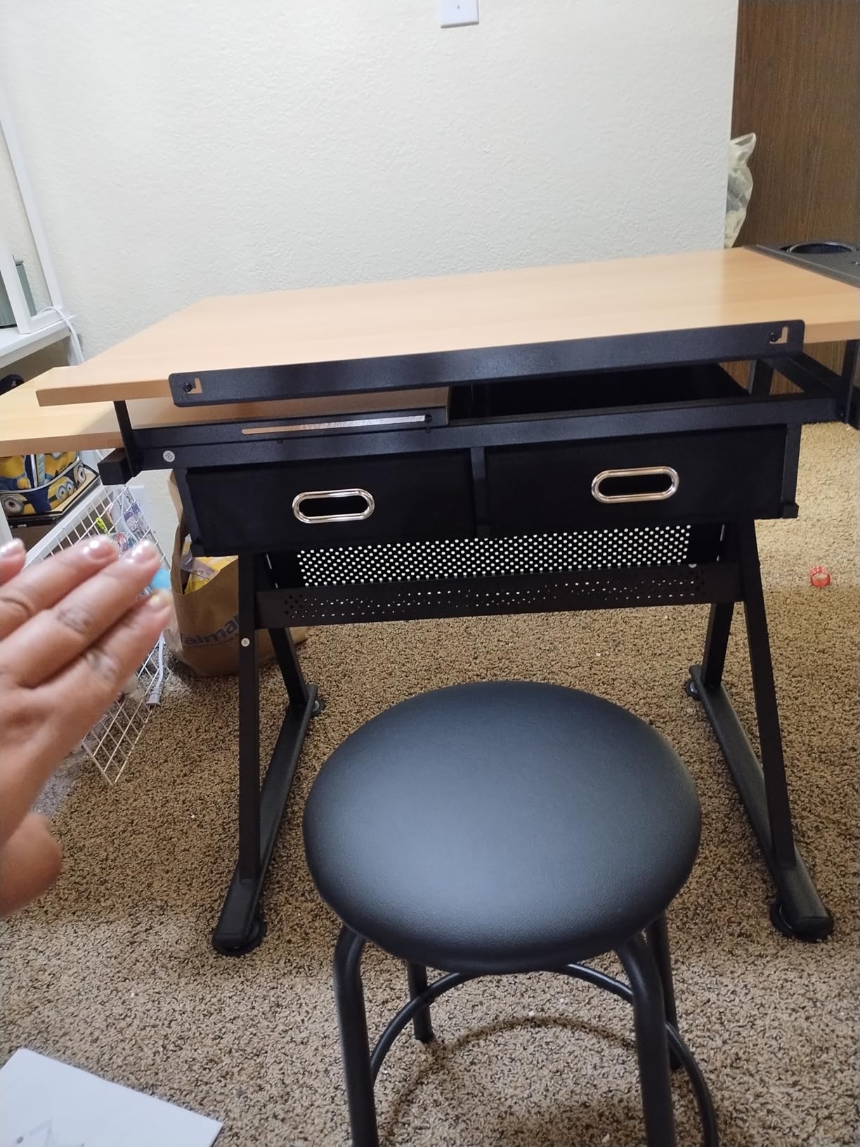 Yaheetech Adjustable Drafting Table Art Desk, Storage Drawers & Stool, Wood | MDF tabletop tilts 0-60 degrees on a metal frame for drawing, crafts, and homework, with two supply drawers and a matching stool. customer photo 2