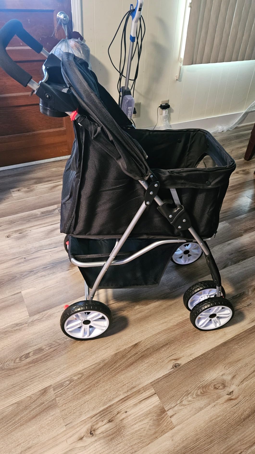 4 Wheels Pet Stroller Dog Cat Stroller for Small Medium Dog Cats, Foldable Carrier Jogger Travel Puppy with Storage Basket and Cup Holder (Black) customer photo 1