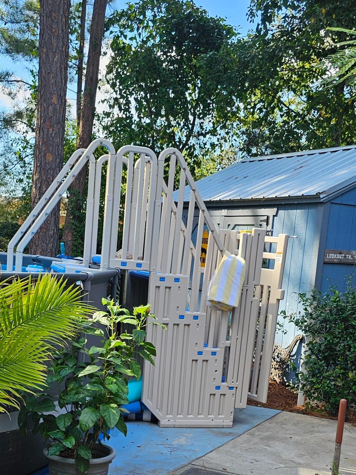 Confer Plastics Step Enclosure System: Above Ground Entry System, Dual Handrails, Slip-Resistant Steps, Supports 400 lbs, Easy Install - Made in USA, Warm Grey with Blue Step-1X Treads customer photo 1
