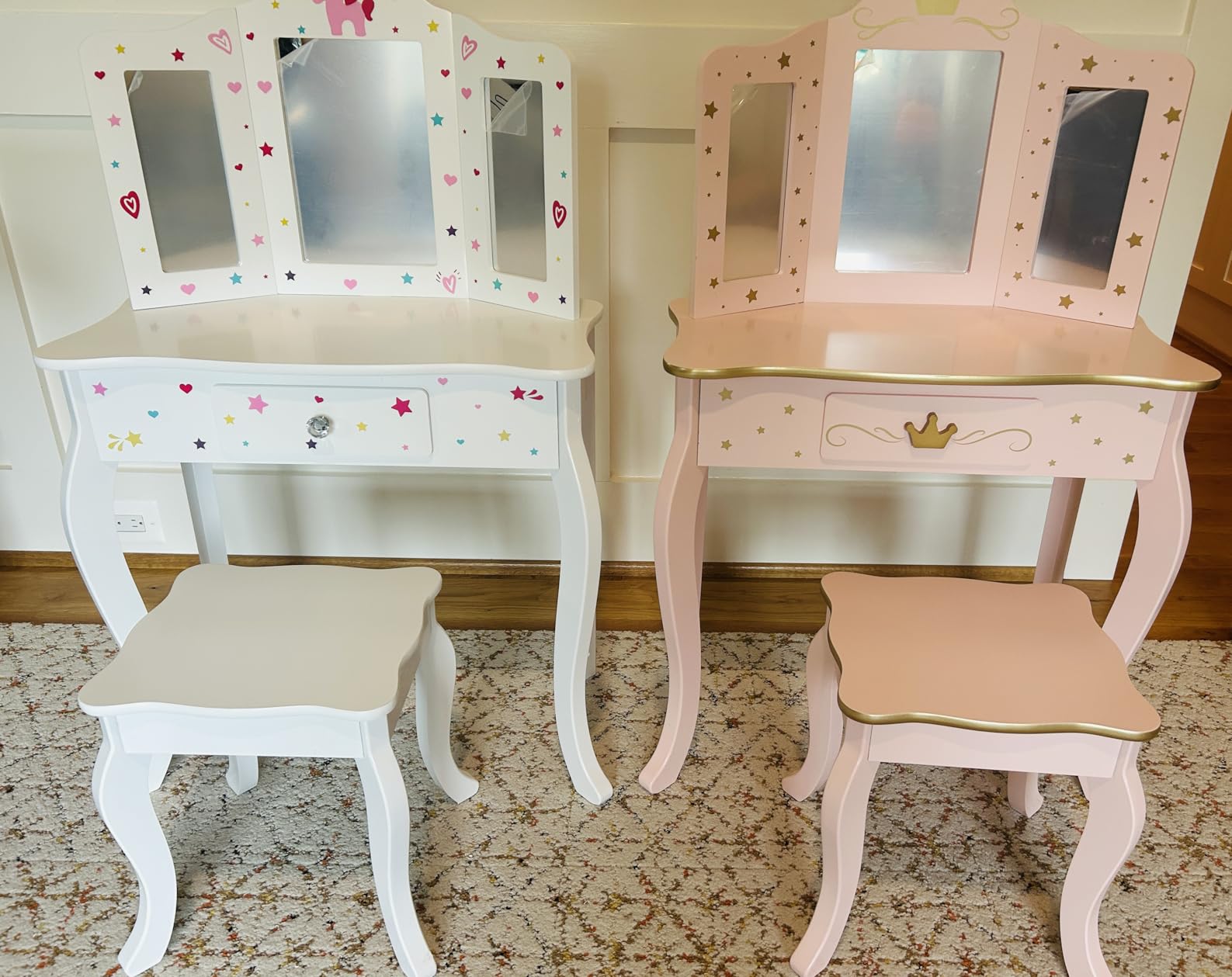 UTEX Pink Crown Princess Kids Vanity Set with Drawer for Little Girls | Wooden Toddler Vanity, Kids Vanity Table and Chair Set, Crown and Star Patterns, Gold Edge Trim, Princess Style customer photo 2