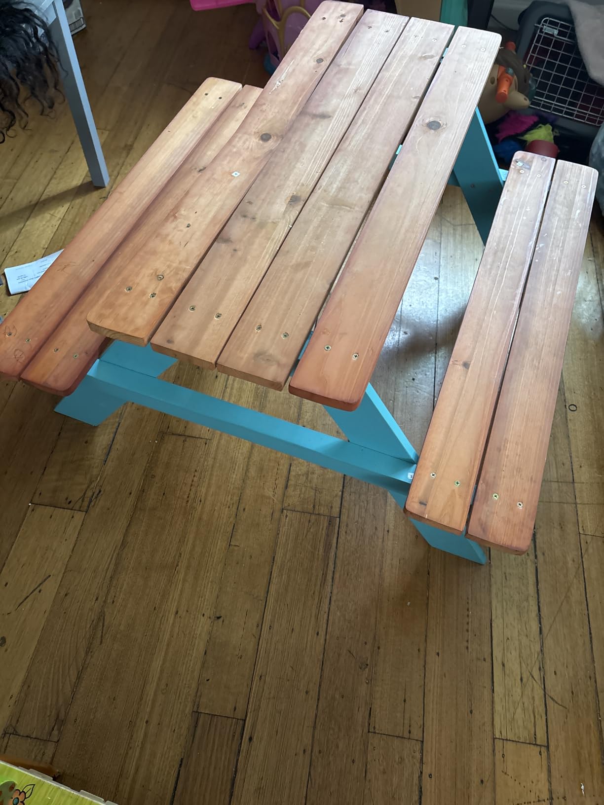 Teamson Kids Wooden Outdoor Picnic Table & Chair Bench Set, Brown/Aqua customer photo 1