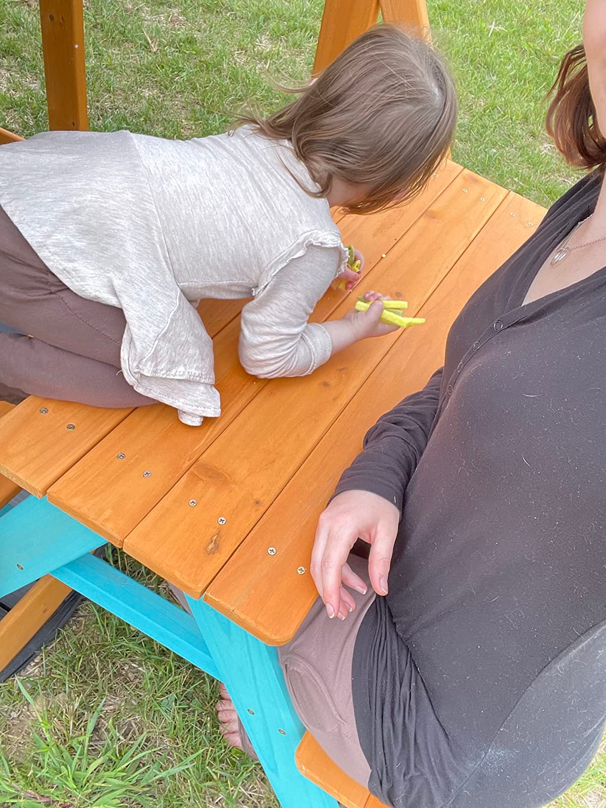 Teamson Kids Wooden Outdoor Picnic Table & Chair Bench Set, Brown/Aqua customer photo 2