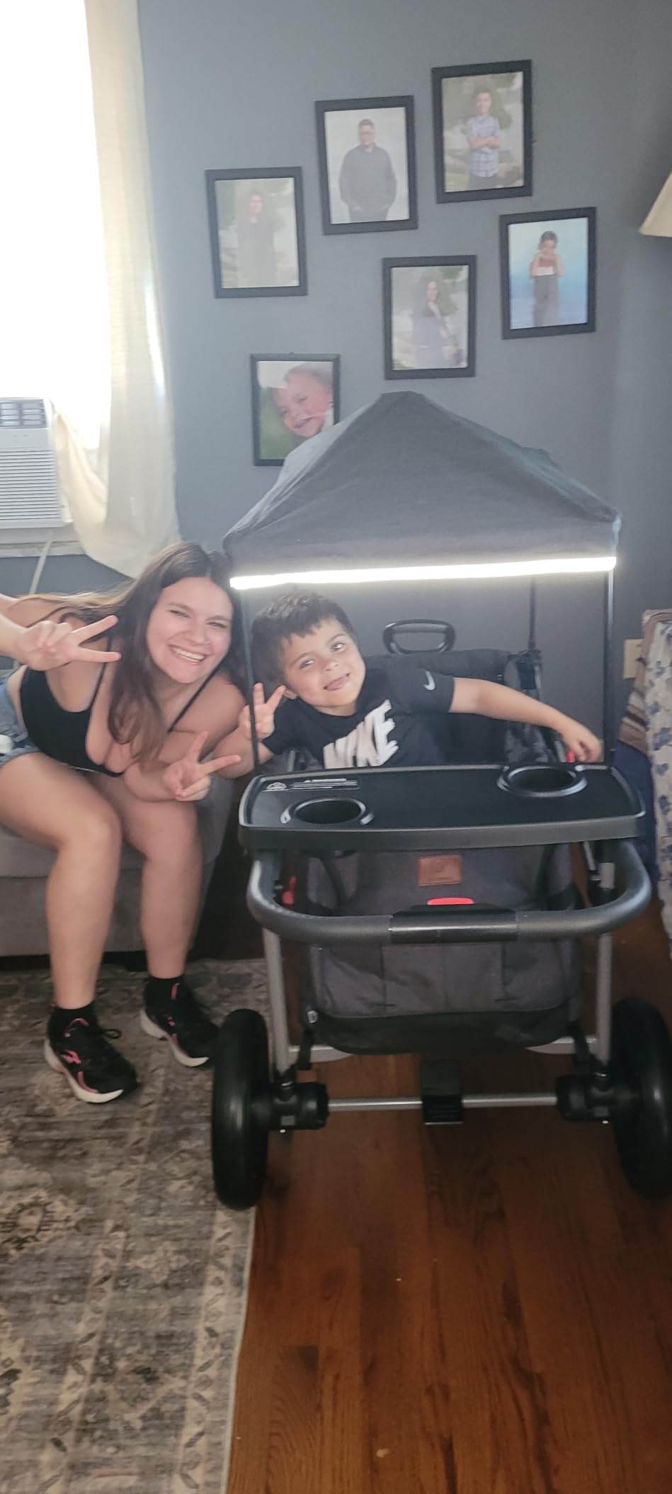 EVER ADVANCED Foldable Wagons for Two Kids & Cargo, Collapsible Folding Stroller with Adjustable Handle Bar, Removable Canopy with 5-Point Harness Gray customer photo 1
