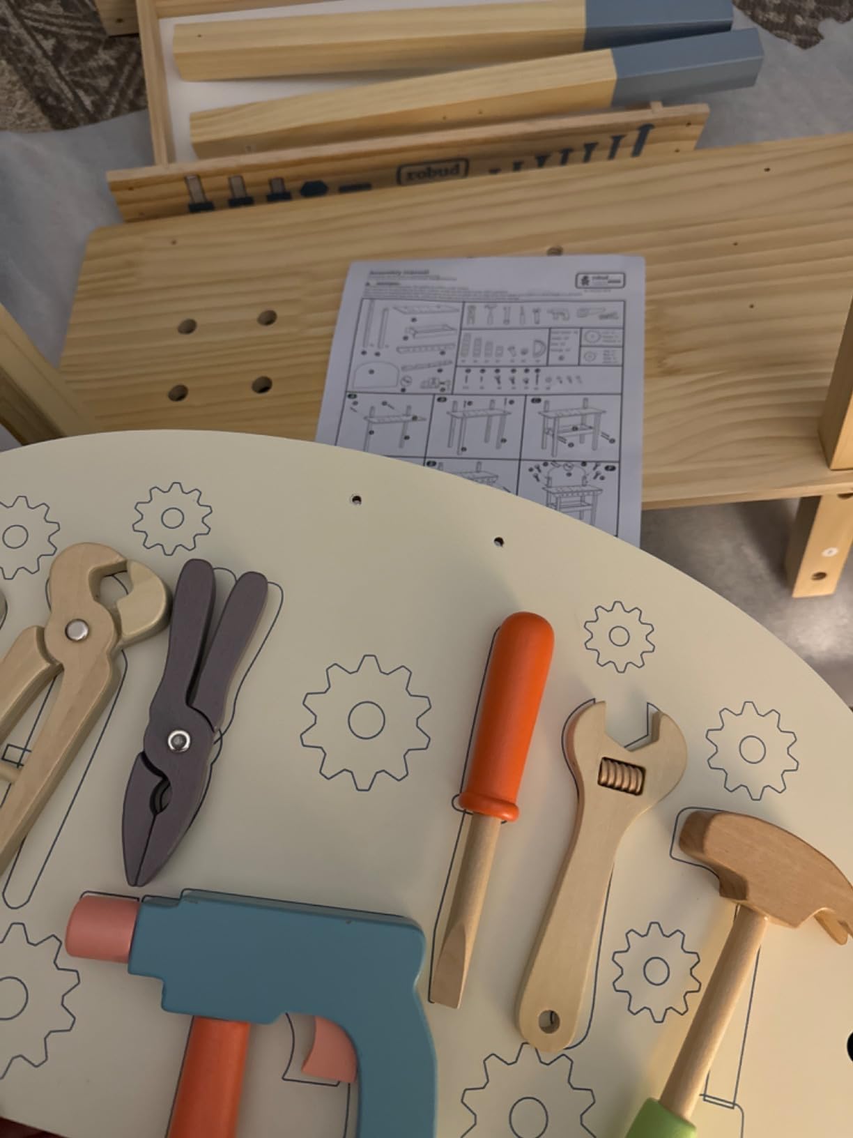 ROBUD Wooden Play Tool Workbench Set for Kids, Construction Toy Bench | Wooden tool workbench with realistic tools and accessories customer photo 1