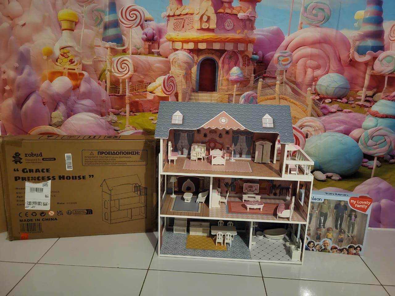 ROBUD Wooden Dollhouse with Furniture Blue for Girls 3-6 | 3-level 6-room design, 31pcs furniture set, smooth edges, durable wood, pretend play, kids gift customer photo 1