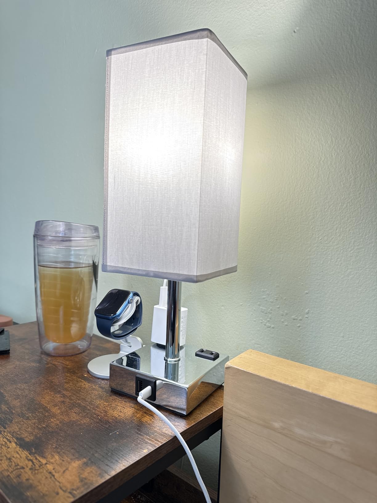 Touch Bedside Table Lamp for Bedroom - Dimmable, USB C+A, 2 AC Outlets | 3-Way Dimming, 3000K Bulb Included, Square Grey Lampshade and Silver Base, Desk Lamp for Nightstand, Living Room, Dorm customer photo 2