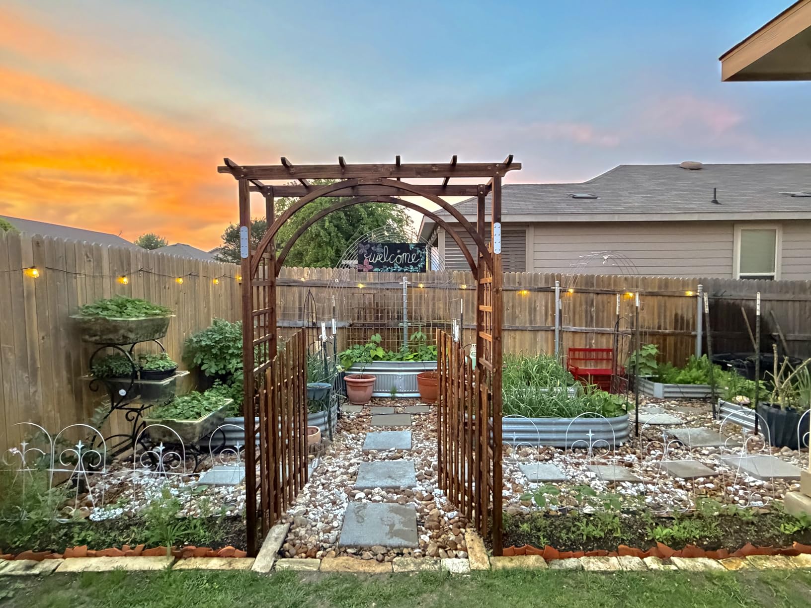 VINGLI 85in Wooden Arbor Garden Arch, Wedding Arch for Ceremony, Wood Trellis for Plant Climbing, Christmas Decor Pergola for Garden Backyard, Lawn (Golden Brown) customer photo 1