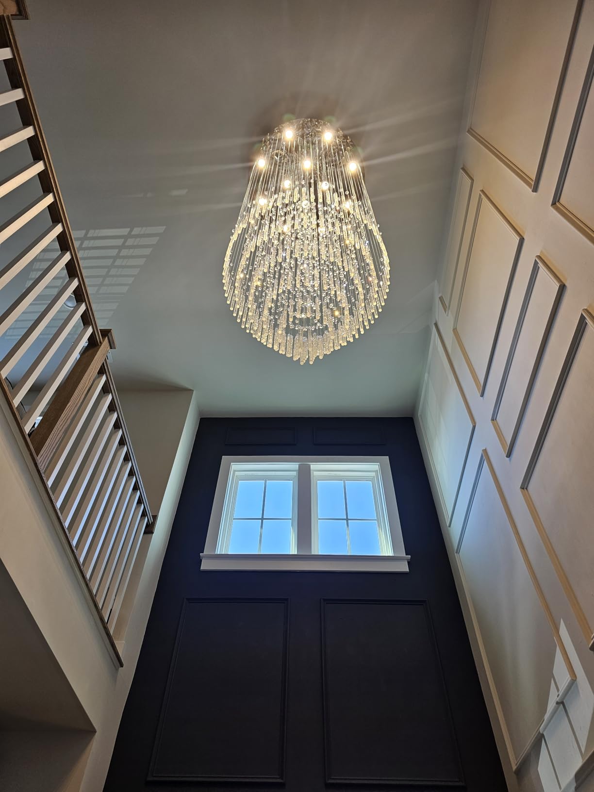 Luxury Large Foyer Chandelier, Modern 12-Lights Round Raindrop Crystal Chandeliers High Ceiling Flush Mount Light Fixtures for Hallway, Entryway, Stairs, Front Entrance D31.5 X H86.7 customer photo 2
