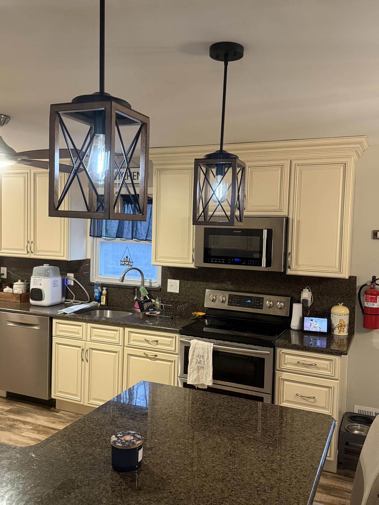 DEWENWILS 2 Pack Farmhouse Pendant Light, Metal Hanging Light Fixture with Wooden Grain Finish, 48 Inch Adjustable Pipes for Flat and Slop Ceiling, Kitchen Island, ETL Listed customer photo 2