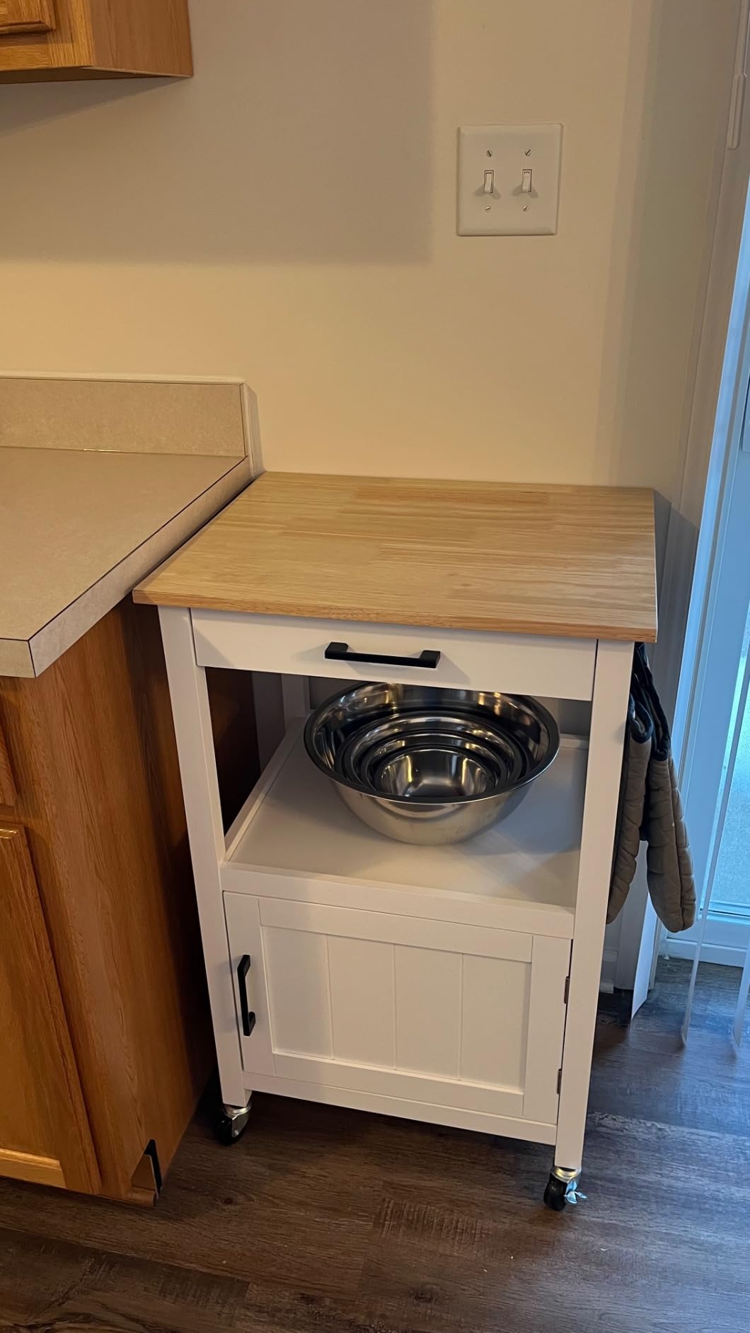 Yaheetech Kitchen Island Cart with Storage, Rolling Kitchen Island on Wheels with 6 Side Hooks, Wood Top Microwave Cart with Drawer for Dining Room, White customer photo 2