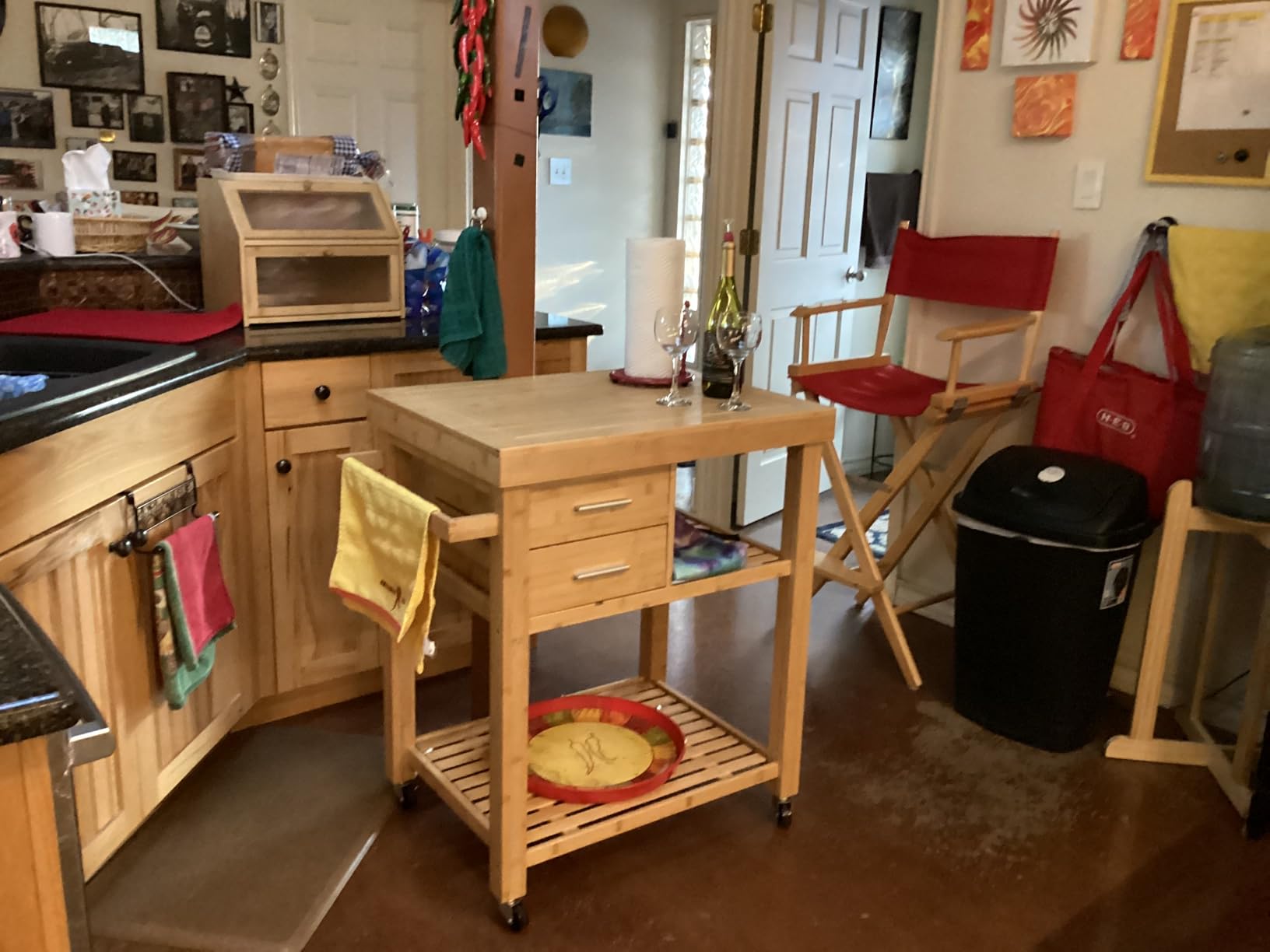 Rolling Kitchen Island Cart with Drawers Shelves, Towel Rack, Locking Casters, Butcher Block Food Prepping Cart Trolley on Wheels, Bamboo Wood customer photo 2