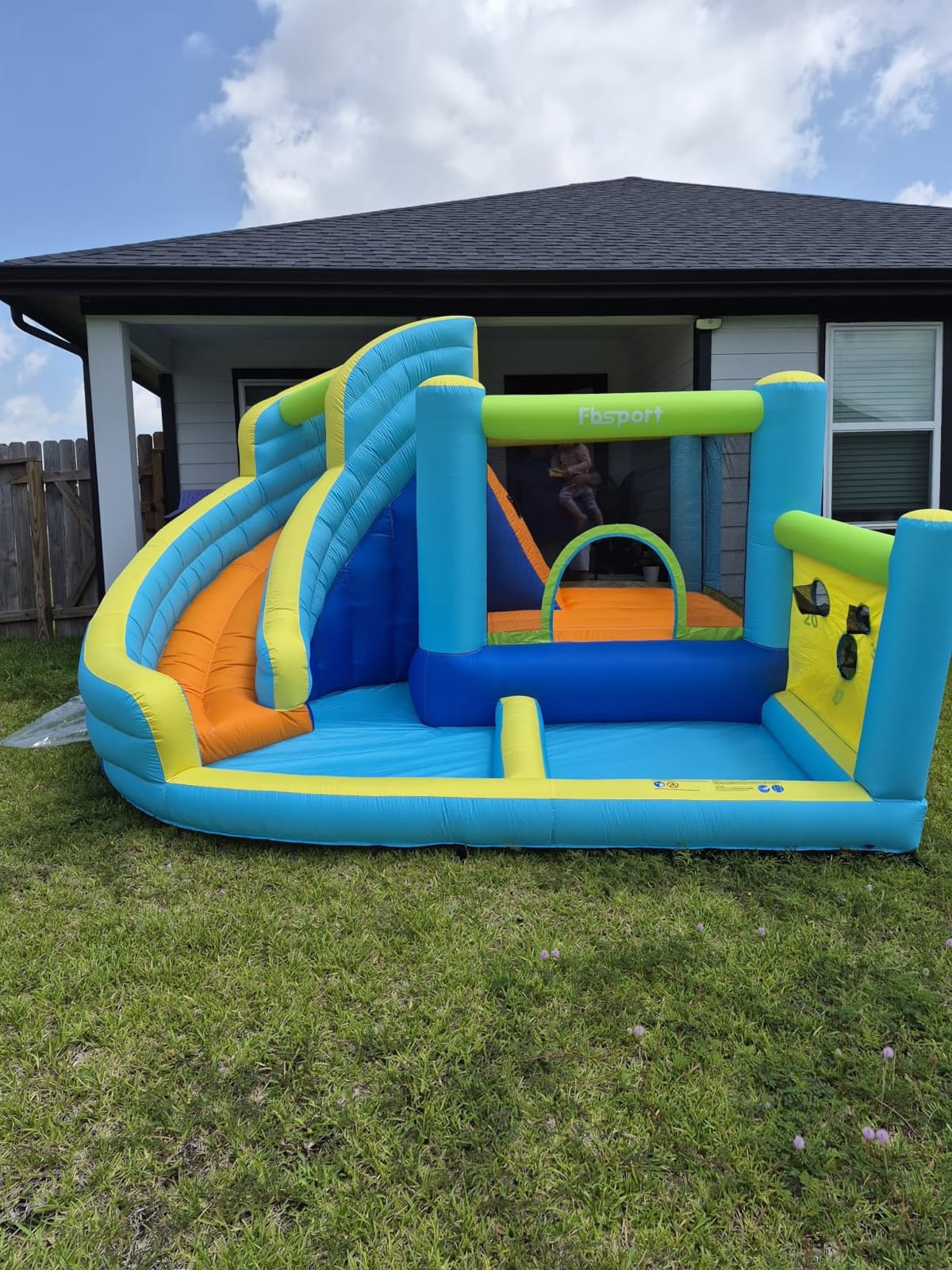 FBSPORT Inflatable Bounce House, Water Slide Park Slide Bouncer with Ball Shooting, Climbing Wall, Jumping and Splash Pool, Kids Bouncy Castle with 450W Air Blower for Outdoor Backyard customer photo 1