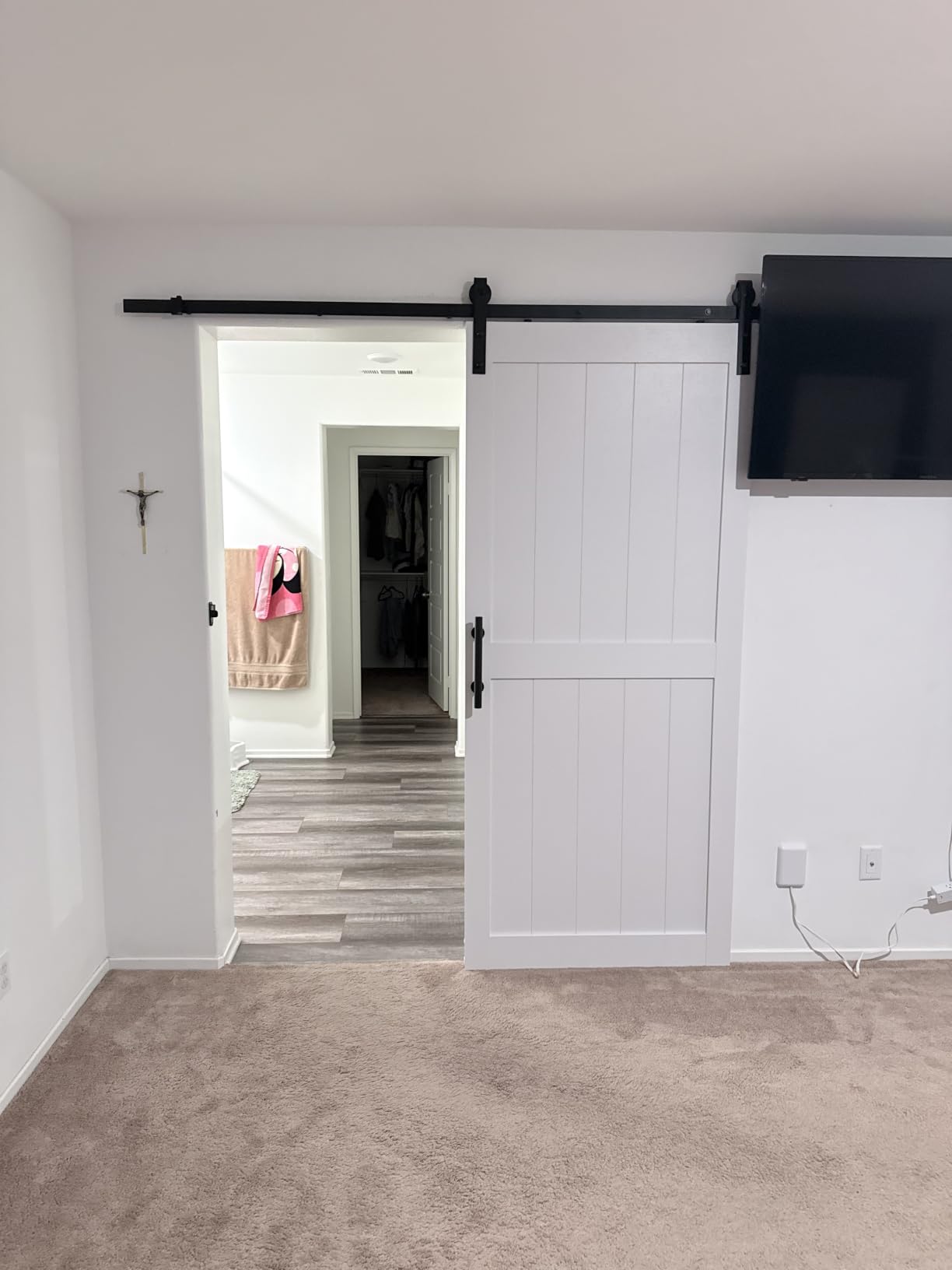 36''x84'' Sliding Barn Door with 6.6 Ft Barn Door Hardware Kit, Fits 32-34''W Openings, Pre-Drilled Holes Easy Assembly-Waterproof PVC Surface, H-Frame, White customer photo 2