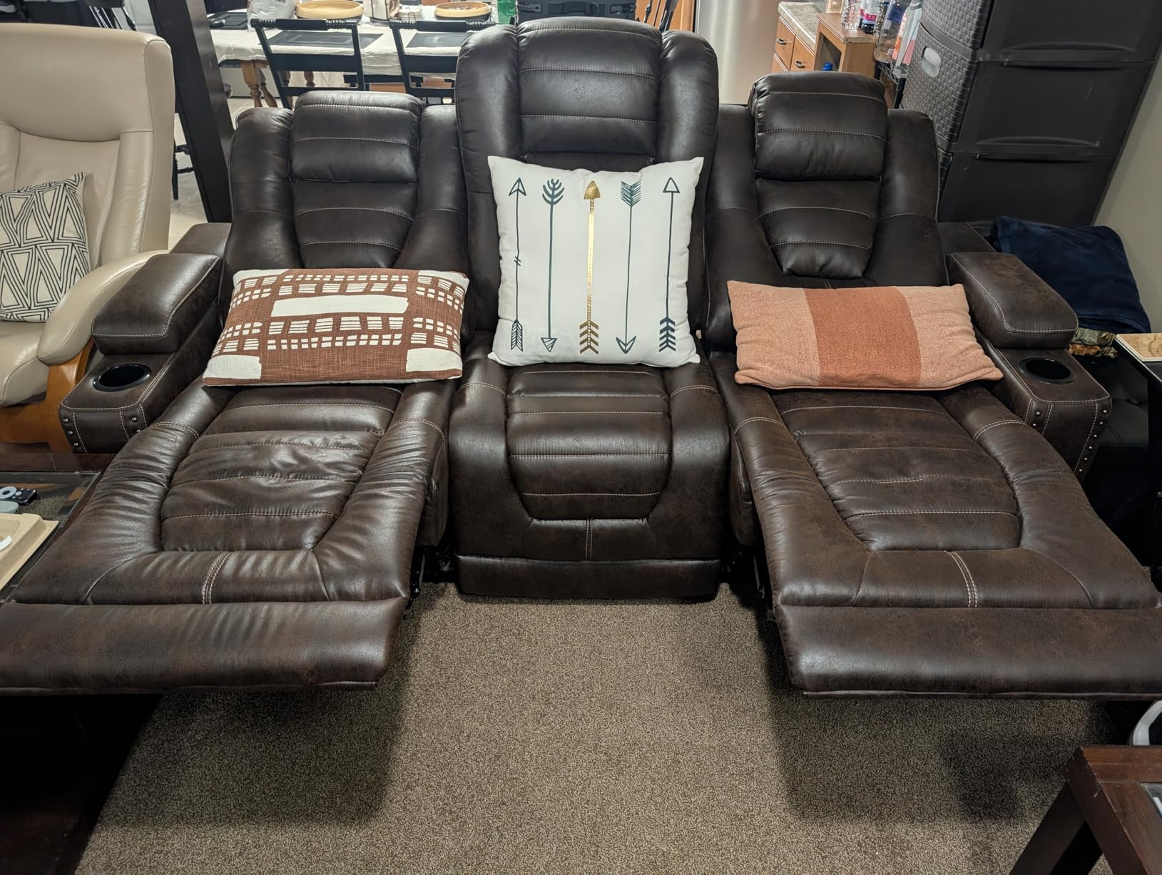 Signature Design by Ashley Faux Leather Power Reclining Sofa, Slate | 15-minute assembly, Zero gravity reclining couch, Drop-down table, Wireless charging, Power headrest, Next-Gen series customer photo 1
