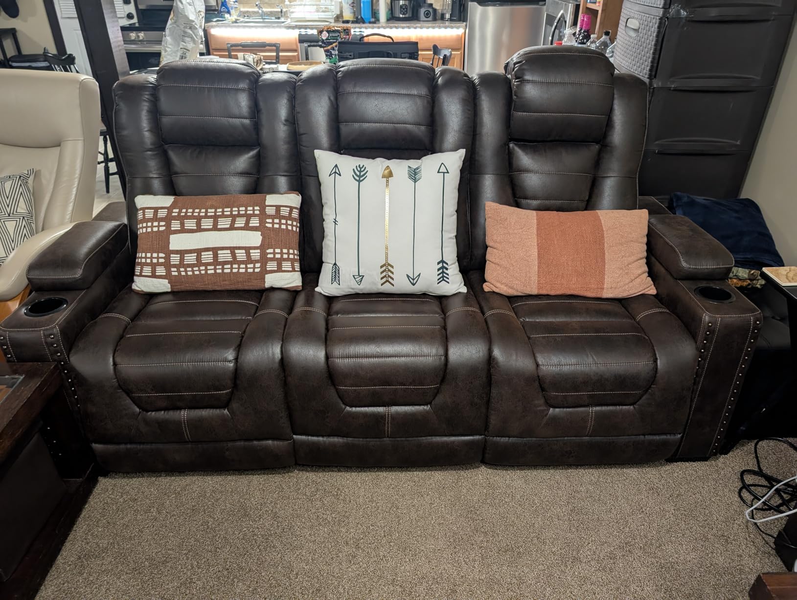 Signature Design by Ashley Faux Leather Power Reclining Sofa, Slate | 15-minute assembly, Zero gravity reclining couch, Drop-down table, Wireless charging, Power headrest, Next-Gen series customer photo 2
