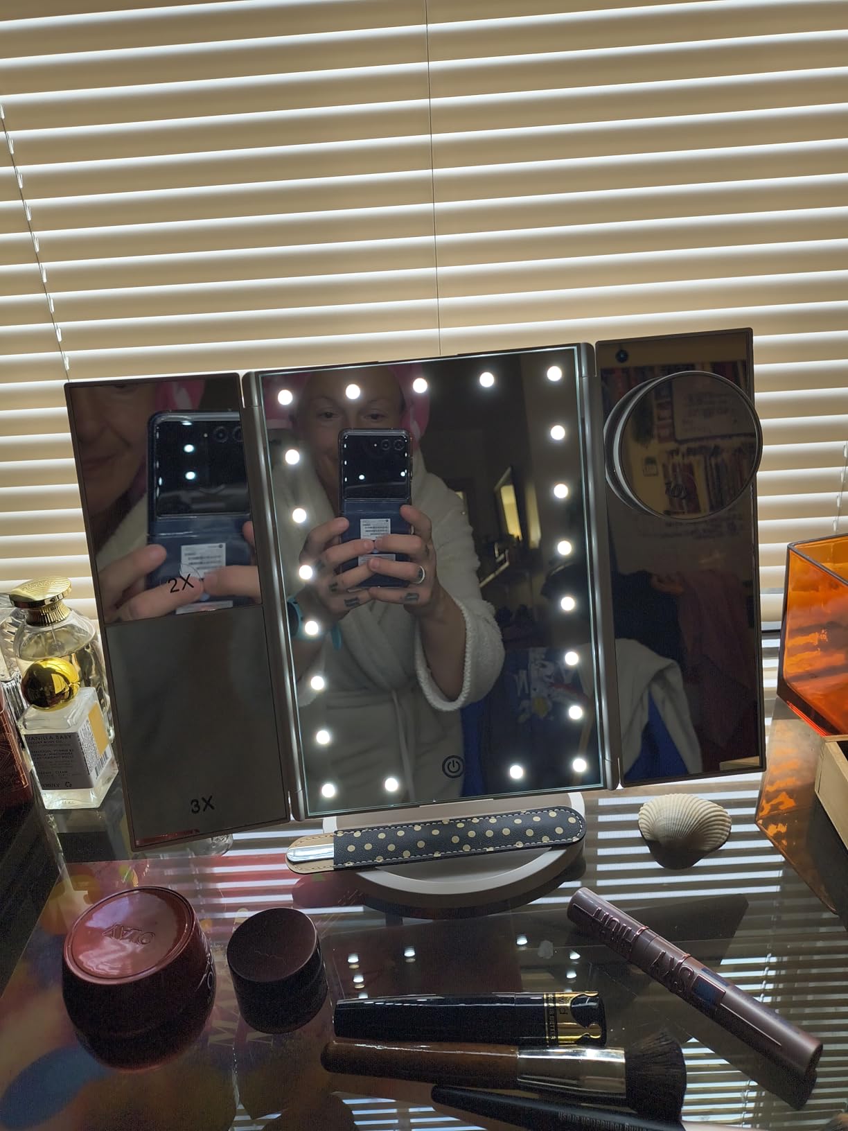 HUONUL 2X/3X/10X Magnifying Vanity Mirror with Light, Trifold Makeup Mirror | Touch Dimming, Dual Power, Clear View for Makeup, Skincare. Dorm Room Essentials. Birthday Gifts for Women, Mom, Wife, Girls customer photo 2
