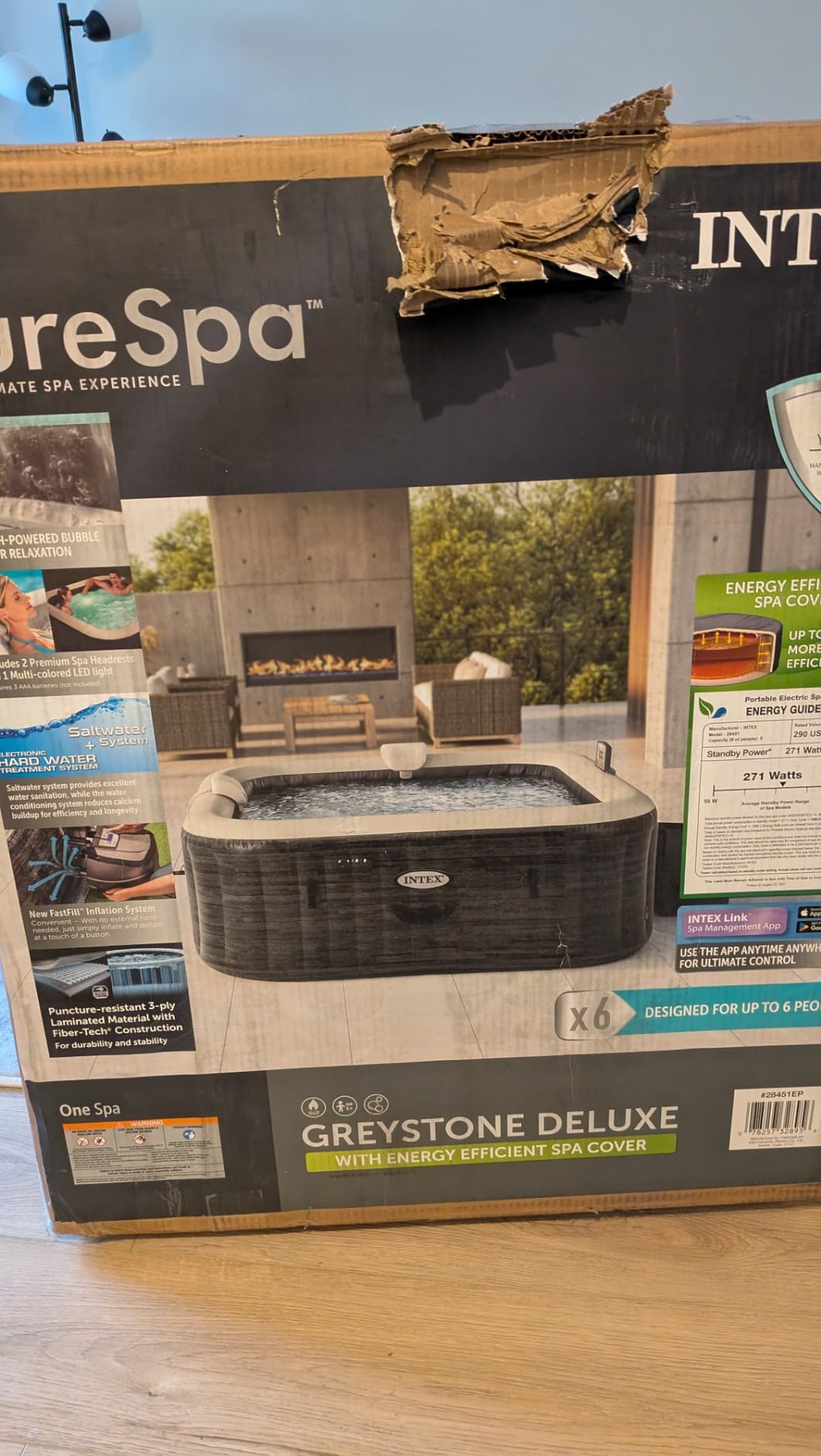 INTEX PureSpa 6 Person Inflatable Hot Tub with Energy-Efficient Spa Cover | 28451EP Greystone Deluxe: Built-in Hard Water Treatment, 77in x 28in - 2 Headrests & LED Light Included customer photo 1
