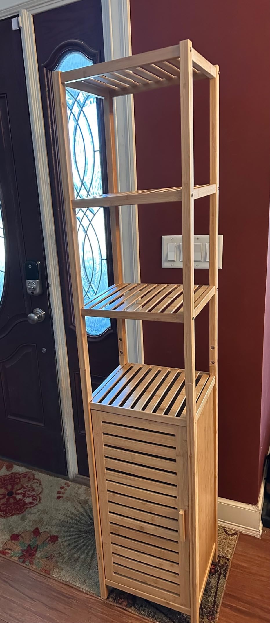 Storage Tall Slim Cabinet with Shutter Door and 3 Tier Shelves, Freestanding Linen Tower Cabinet for Living Room, Kitchen, Bathroom Organizer, Natural Bamboo customer photo 1