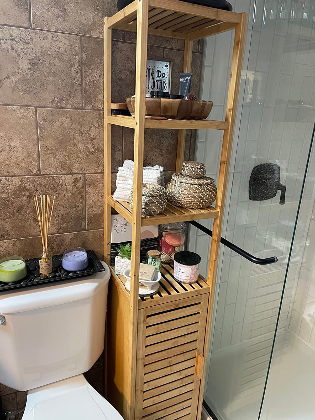 Storage Tall Slim Cabinet with Shutter Door and 3 Tier Shelves, Freestanding Linen Tower Cabinet for Living Room, Kitchen, Bathroom Organizer, Natural Bamboo customer photo 2