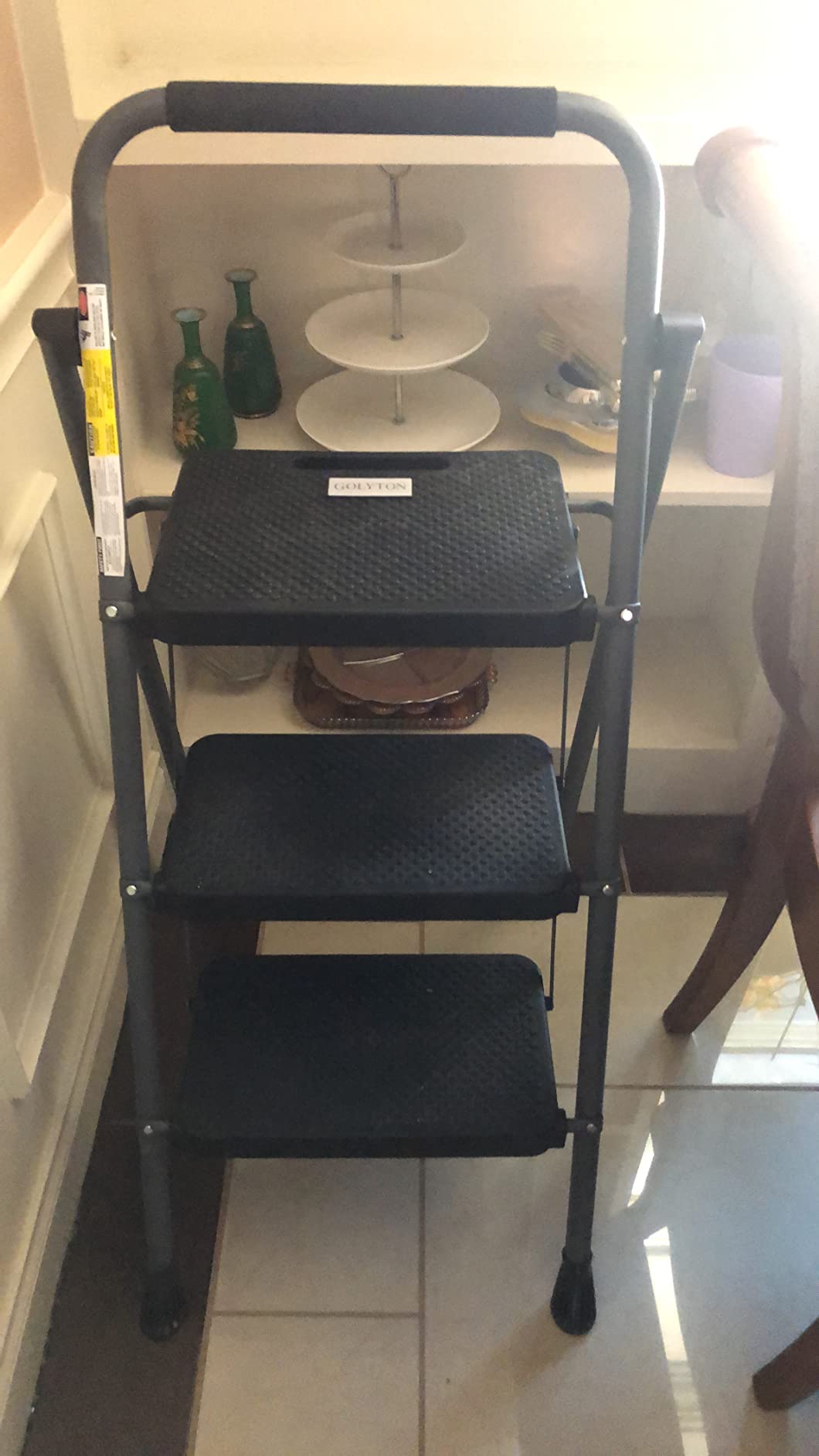 3 Step Ladder, GOLYTON Folding Step Stool with Anti-Slip Wide Pedal & Convenient Handgrip, 500lbs Capacity Steel Ladder for Household and Office, Grey customer photo 1