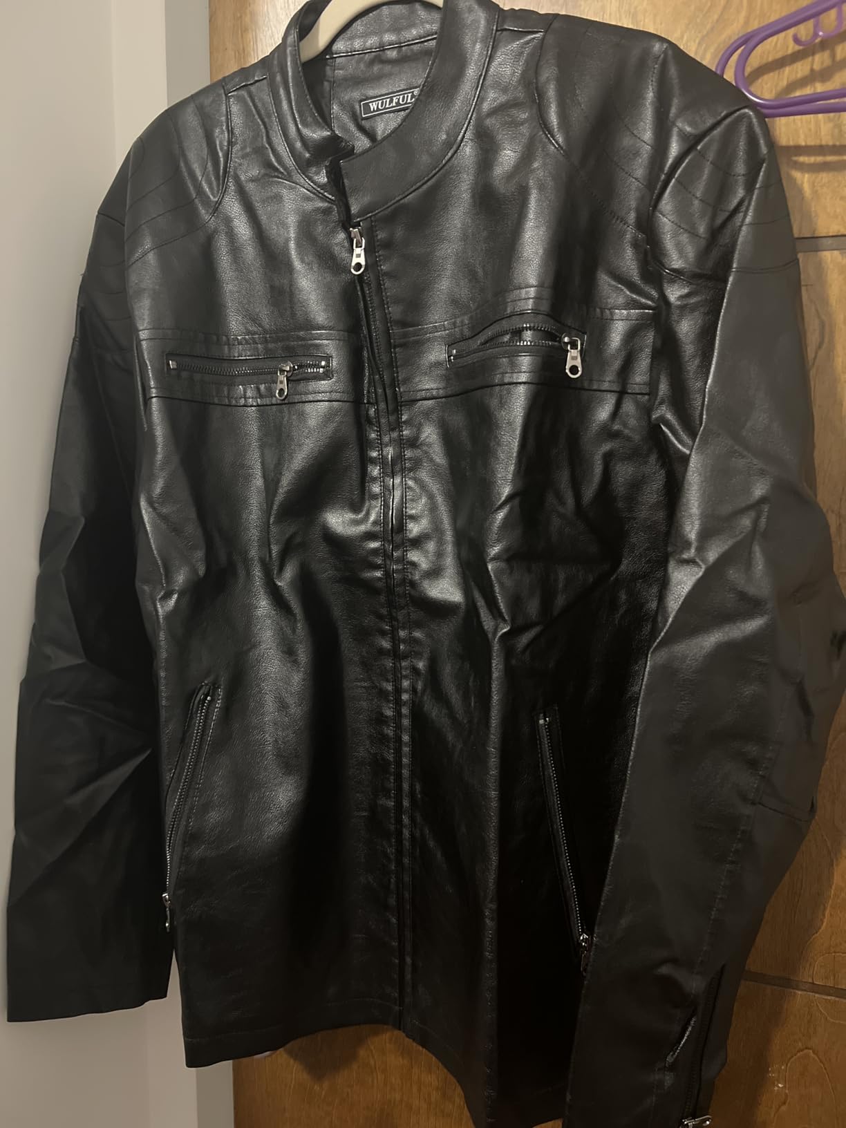 WULFUL Men's Stand Collar Leather Jacket Motorcycle Lightweight Faux Leather Outwear customer photo 2
