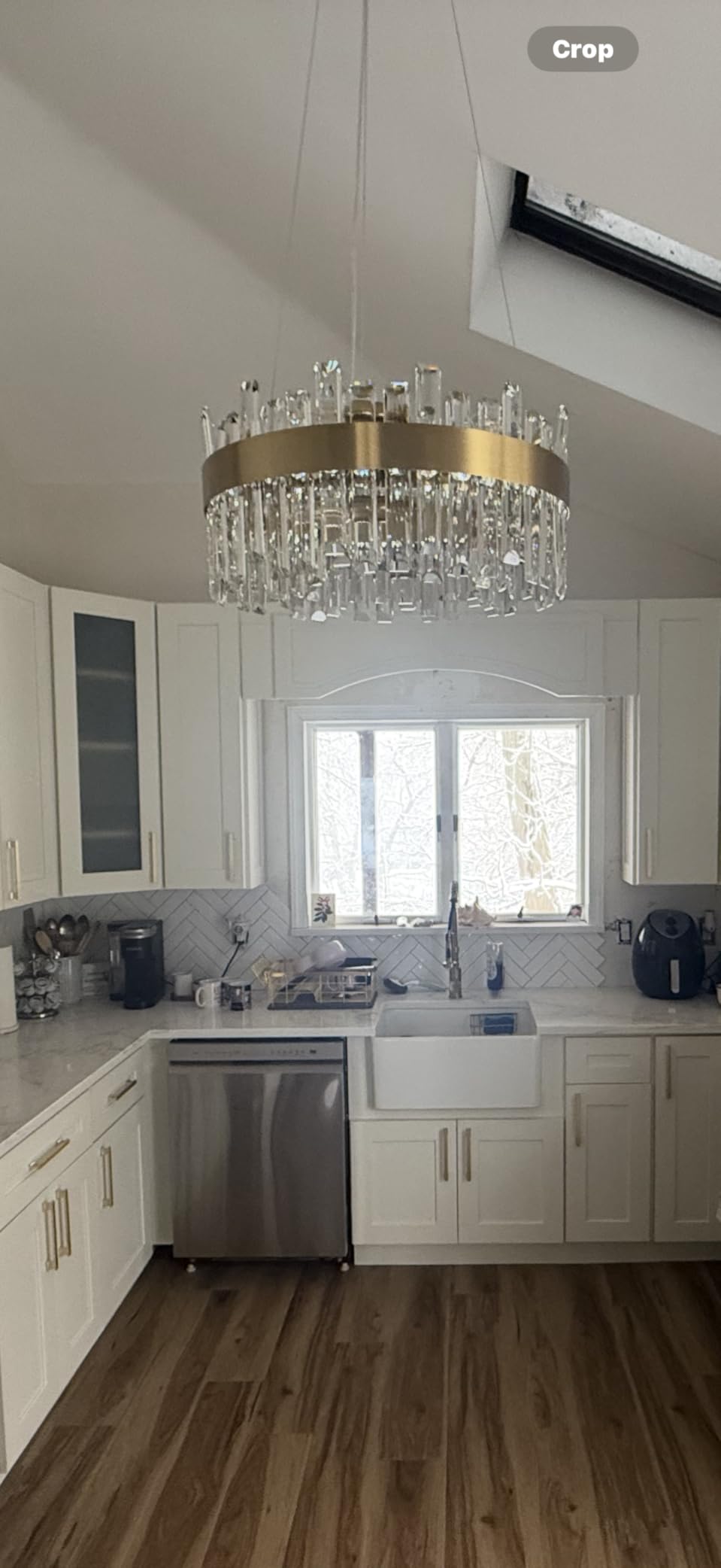 Siljoy Modern Rectangular Gold Crystal Chandelier Dimmable, L35.4'' | Brushed Gold, E12 x 16, Adjustable Height, 2-Tiers K9 Crystal, Raindrop Chandelier, Ceiling Light, Living Dining Room Kitchen customer photo 1
