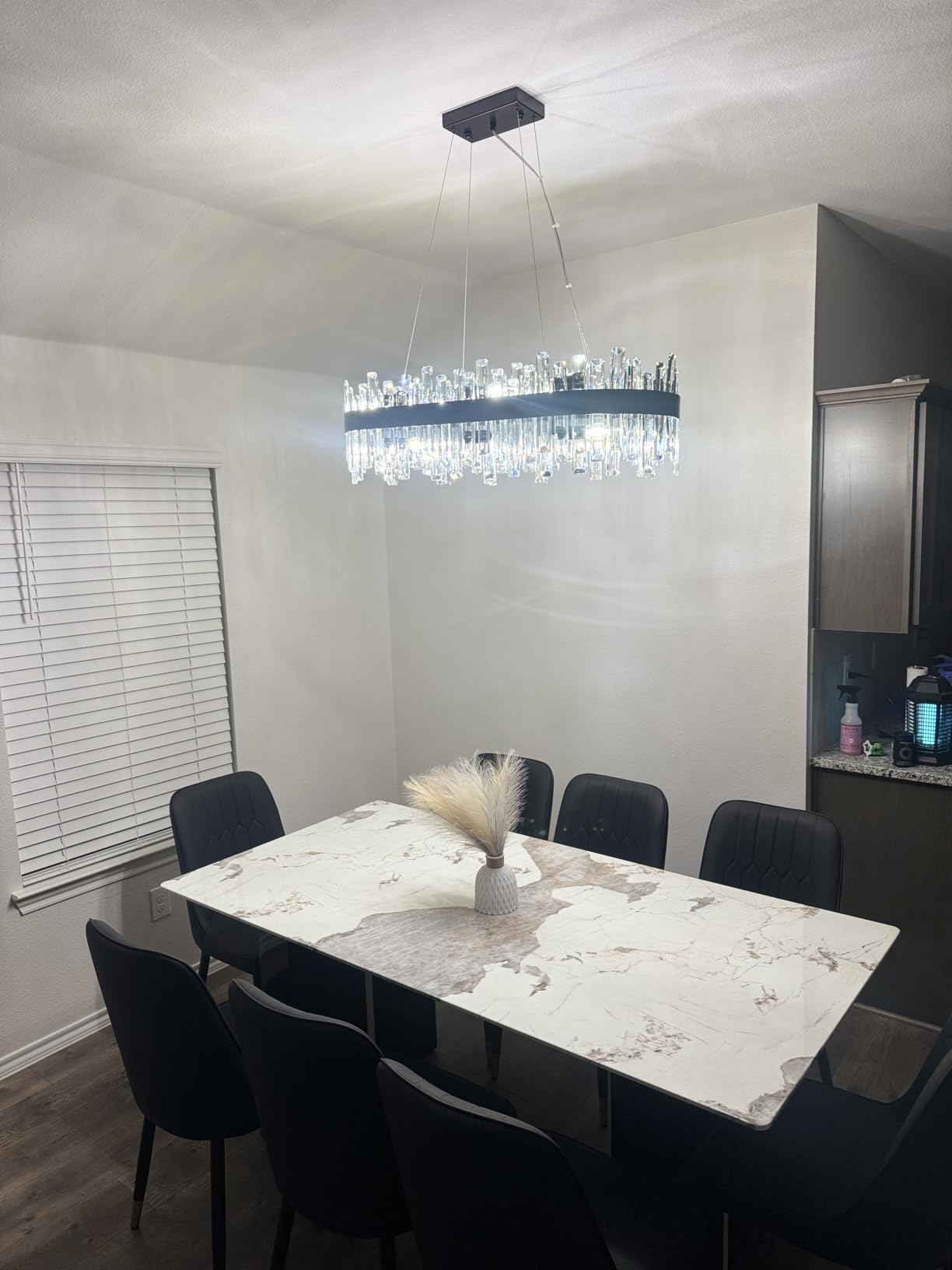Siljoy Modern Rectangular Gold Crystal Chandelier Dimmable, L35.4'' | Brushed Gold, E12 x 16, Adjustable Height, 2-Tiers K9 Crystal, Raindrop Chandelier, Ceiling Light, Living Dining Room Kitchen customer photo 2