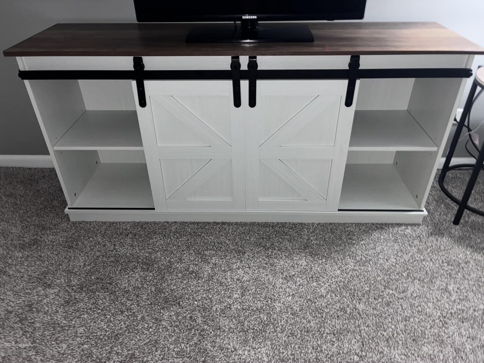JUMMICO TV Stand for 65 Inch TV, Sliding Barn Doors, Bright White | Farmhouse Entertainment Center, Storage Cabinets, Adjustable Shelves, Media Console for Living Room, Bedroom customer photo 1