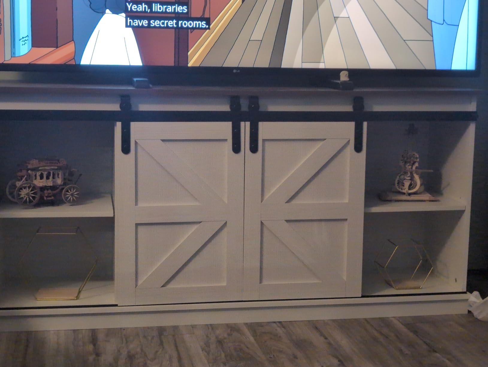 JUMMICO TV Stand for 65 Inch TV, Sliding Barn Doors, Bright White | Farmhouse Entertainment Center, Storage Cabinets, Adjustable Shelves, Media Console for Living Room, Bedroom customer photo 2