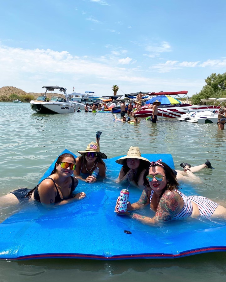 Max4out Water Floating Mat 9/12/18 FT Foam Lake Floats Floating Foam Pad Lily Pad for Water Recreation and Relaxing Lily Mat for Family Floating Pad for Pets Pool Float for Party (Blue/Yellow) customer photo 2