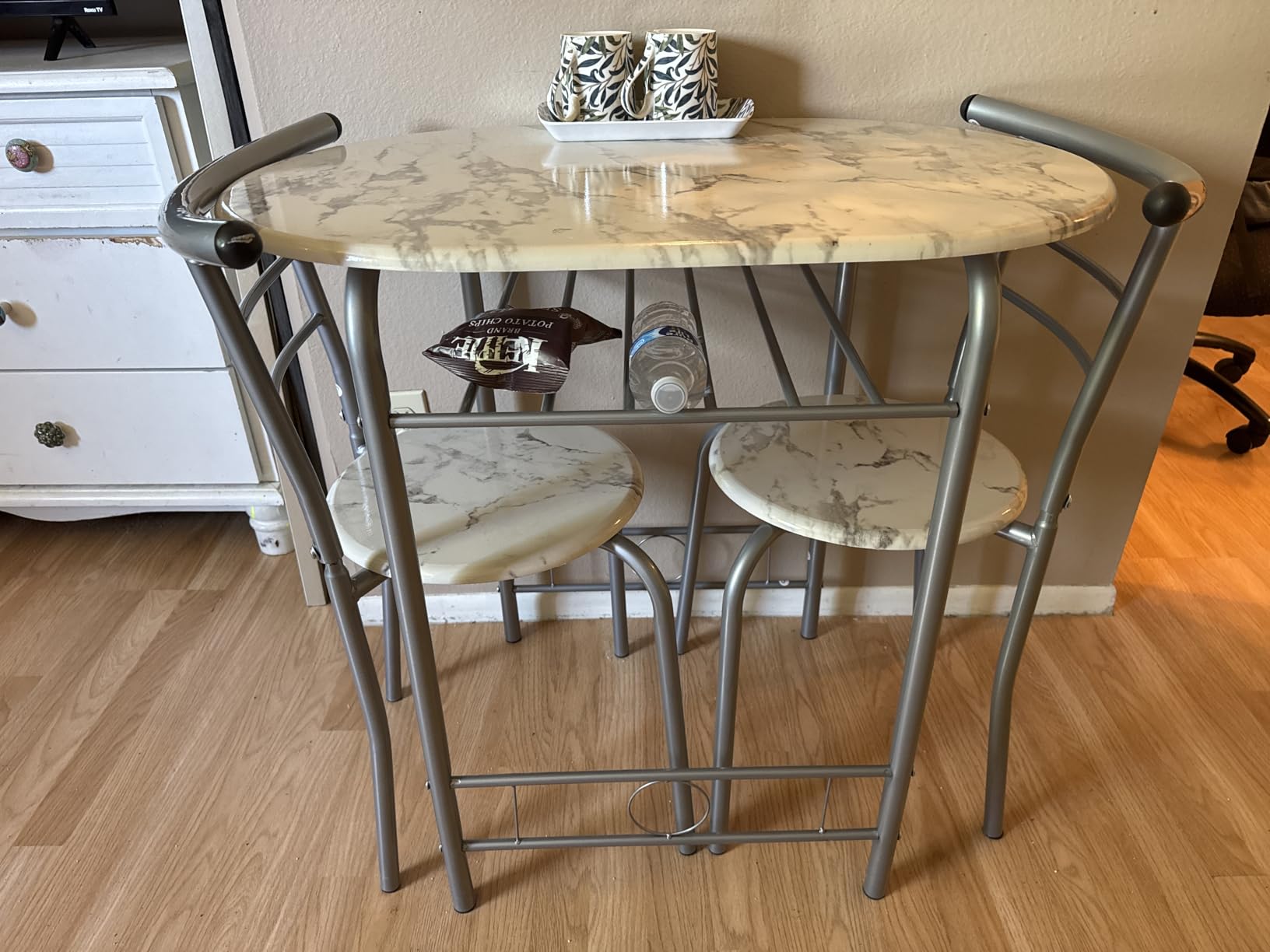 JUMMICO 3-Piece Wooden Round Table & Chair Set | Kitchen Breakfast Nook Wood Grain Tabletop with Metal Frame and Built-in Wine Rack for Kitchen, Dining Room (Walnut/Black) customer photo 1