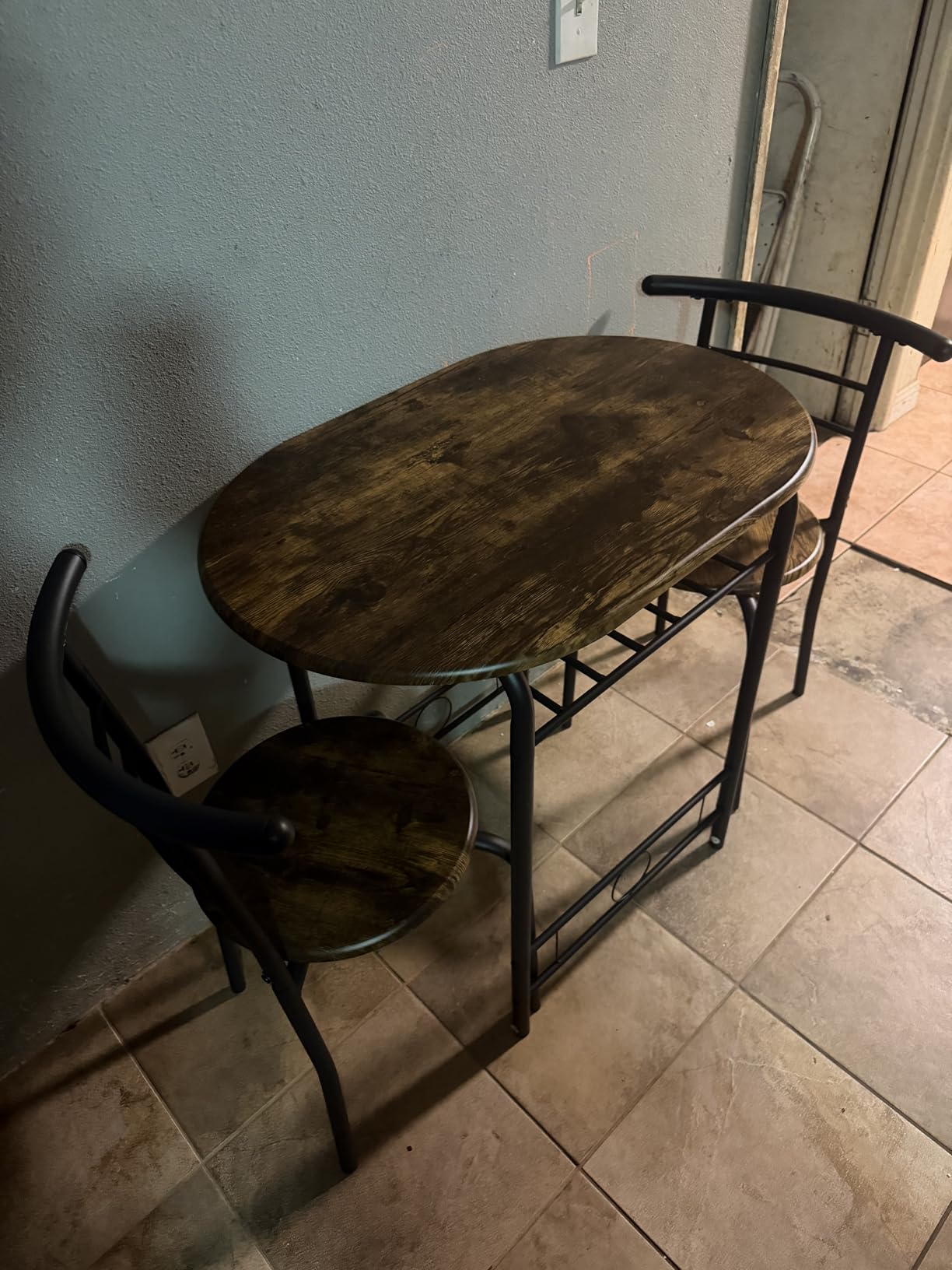 JUMMICO 3-Piece Wooden Round Table & Chair Set | Kitchen Breakfast Nook Wood Grain Tabletop with Metal Frame and Built-in Wine Rack for Kitchen, Dining Room (Walnut/Black) customer photo 2