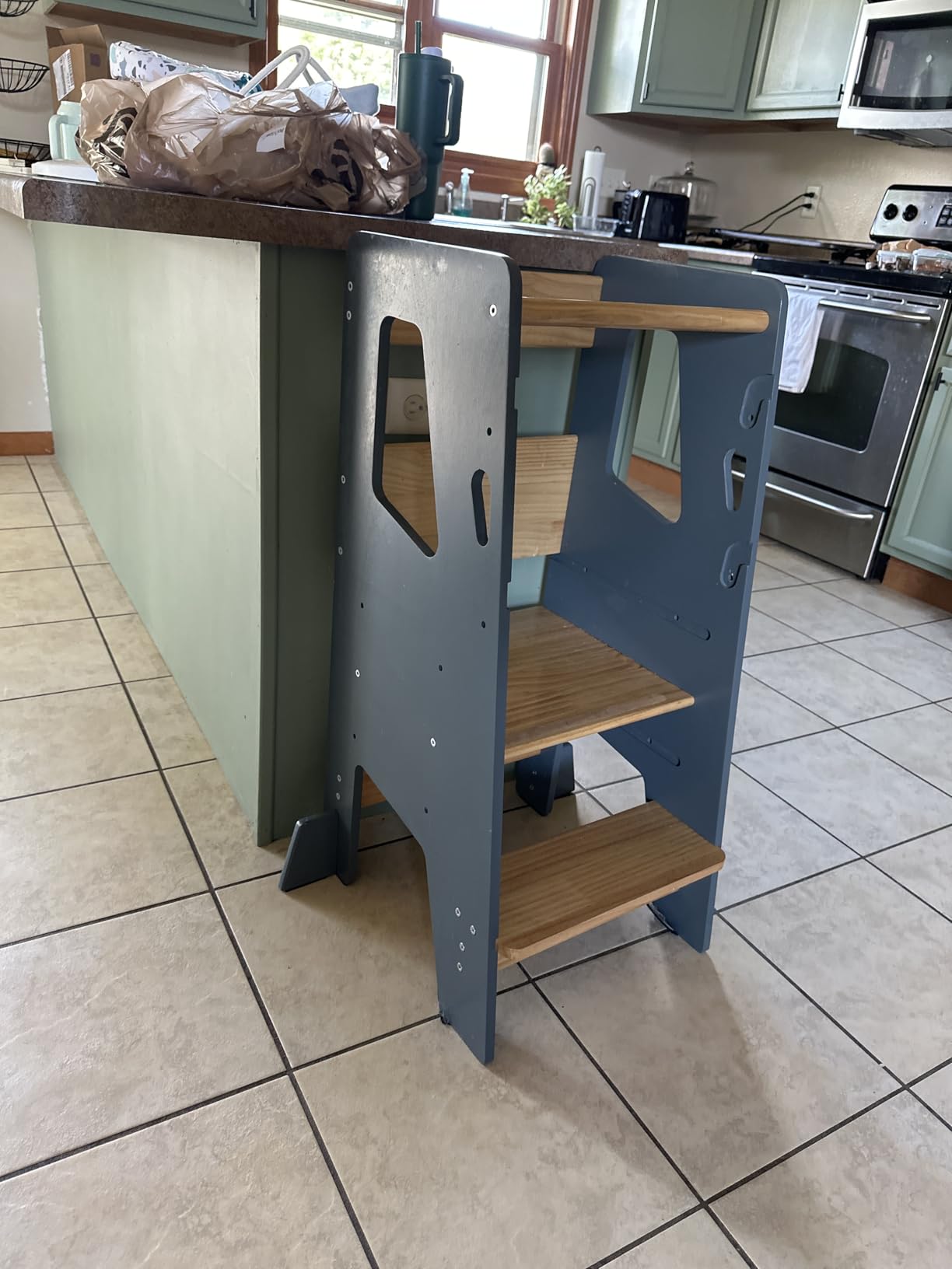 Toddler Standing Tower with 3 Safety Bars - Kitchen Stool Helper - Gray | Non-slip strips for the steps and padded support feet for stability and confidence at the kitchen counter and bathroom sink customer photo 1