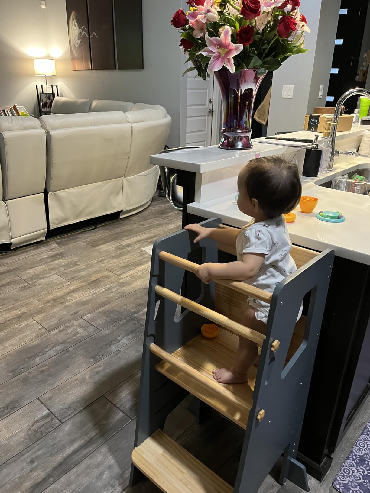 Toddler Standing Tower with 3 Safety Bars - Kitchen Stool Helper - Gray | Non-slip strips for the steps and padded support feet for stability and confidence at the kitchen counter and bathroom sink customer photo 2