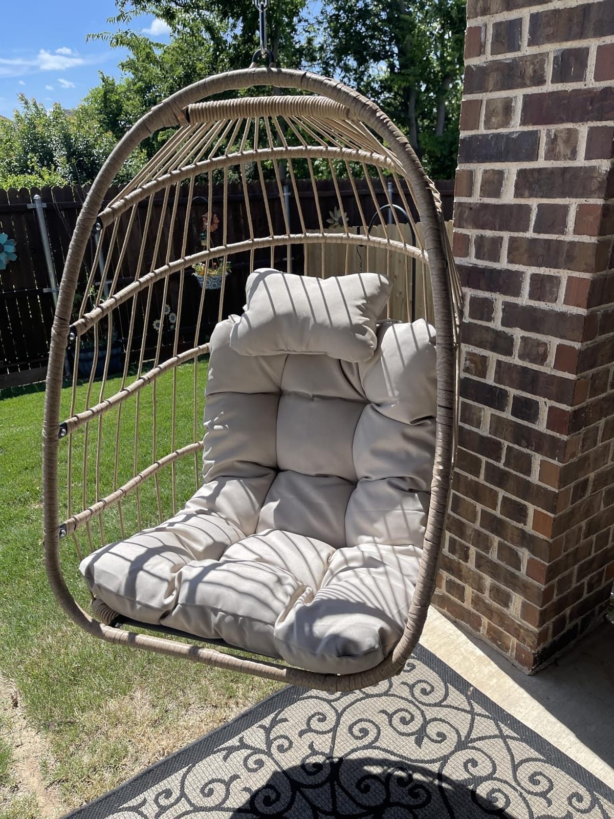 Outdoor Hanging Egg Chair Without Stand, Patio Wicker Swing Egg Basket Chairs with Padded Cushion, 350 Lbs Comfy Cozy Ceiling Tree Swinging Egg-Shaped Chair No Stand for Indoor Balcony, Beige customer photo 2