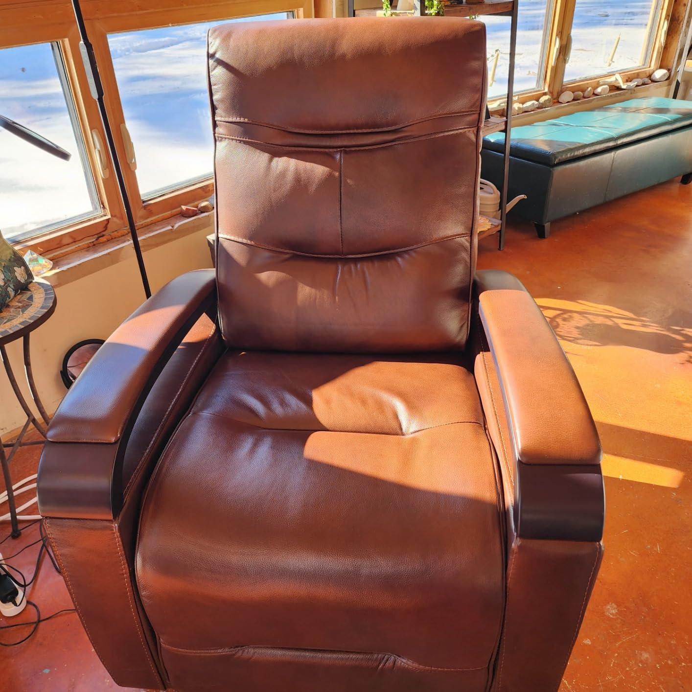 CHITA Genuine Leather Power Swivel Glider Rocker Recliner, Cognac Brown | Adjustable Power Headrest, Double Layer Backrest, FSC Certified Mid Century Modern Recliner Chair for Adults, for Living Room customer photo 2