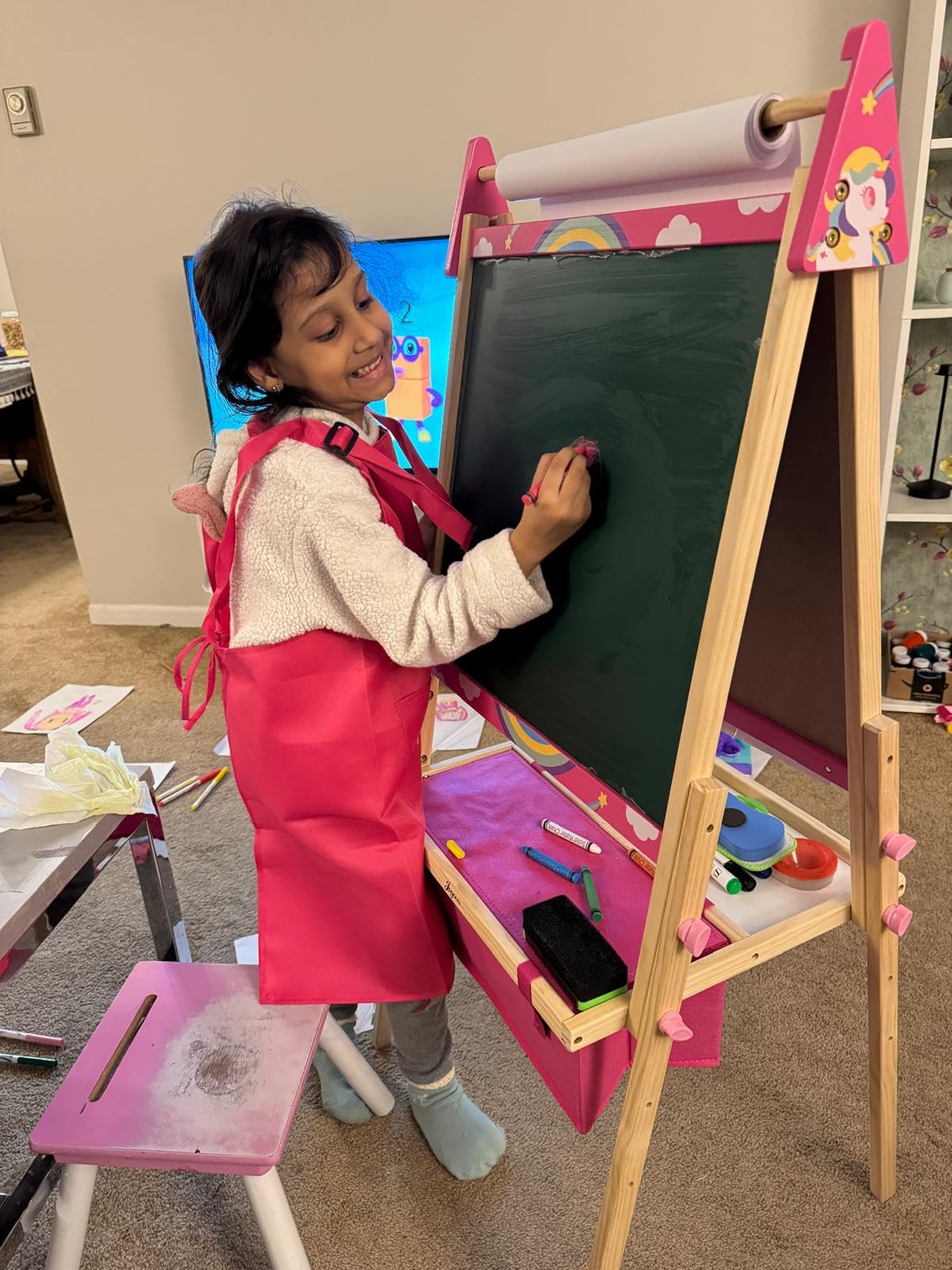 Joyooss Art Easel for Kids, Adjustable Standing Kids Easel with Magnetic Whteboard & Chalkboard, Magnetic Board for Kids Art Easel Kids with 2 Paper Rolls, Finger Paints, Letters & Numbers Magnets customer photo 2