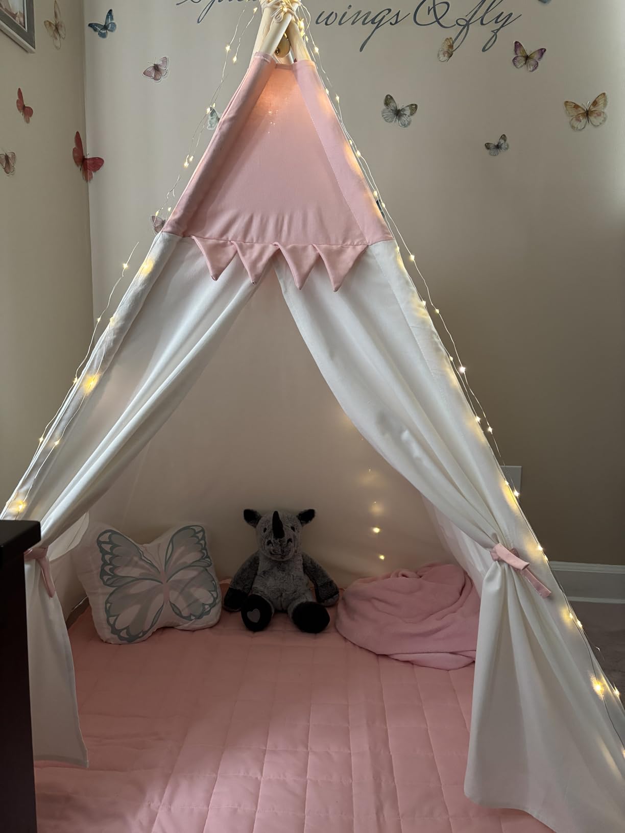 besrey Kids Tent, Teepee Play Tent with Lights and Padded Mat, Portable Cotton Tipi for Indoor Reading and Playtime | 47.2
