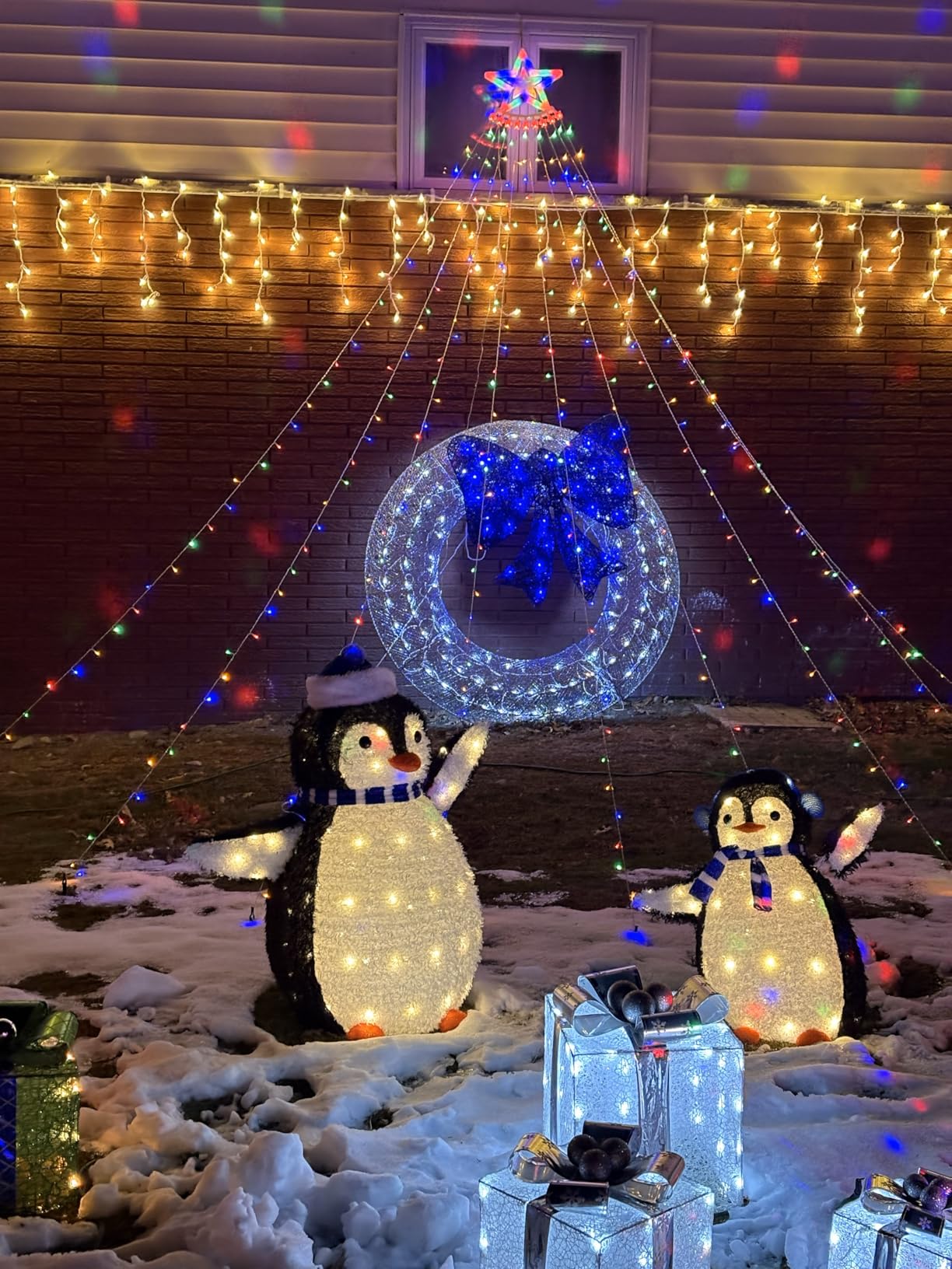 Aokudoni Outdoor Christmas Decorations 12.6 FT Waterfall Christmas Lights | 350 LED Christmas Lights with 8 Modes, Outside Christmas Decorations for Yard Xmas Tree House Porch Patio Garden, Multicolor customer photo 1