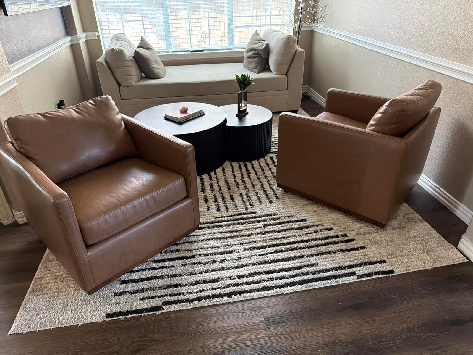 CHITA Faux Leather Swivel Accent Chair, Fully Assembled, Saddle Brown | Leather Arm Chair with 360° Swivel Solid Wood Base customer photo 1