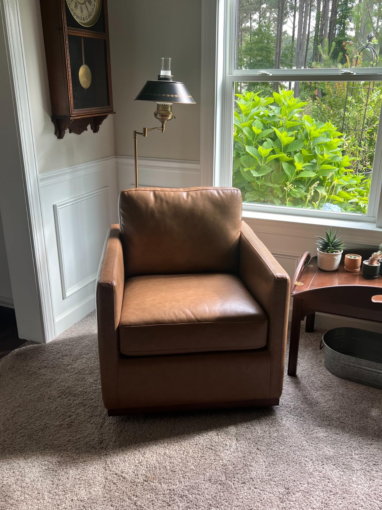 CHITA Faux Leather Swivel Accent Chair, Fully Assembled, Saddle Brown | Leather Arm Chair with 360° Swivel Solid Wood Base customer photo 2