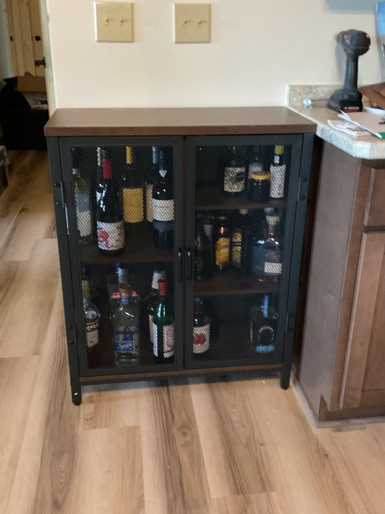 BON AUGURE Coffee Bar Cabinet for Liquor, Small Storage Cabinet, Rustic Oak | 2 Doors, Industrail Alcohol Cabinet, Adjustable Shelves, Farmhouse Sideboard Buffet for Home Kitchen, Dining, Living Room customer photo 1