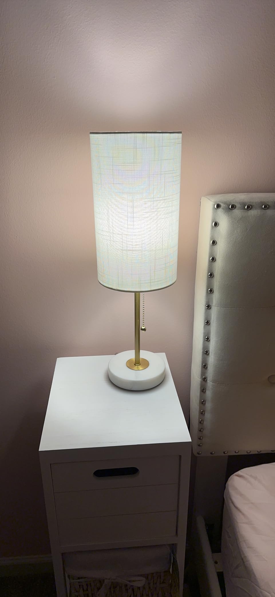 JUNNAI Table Lamps Set of 2, Gold Bedside Lamps, 3 Way Dimmable Nightstand Lamps with Marble Base & Linen Shade & Pull Chain, 18.5 Inches Tall Skinny Desk Lamps for Bedroom Living Room (Bulbs Included) customer photo 1