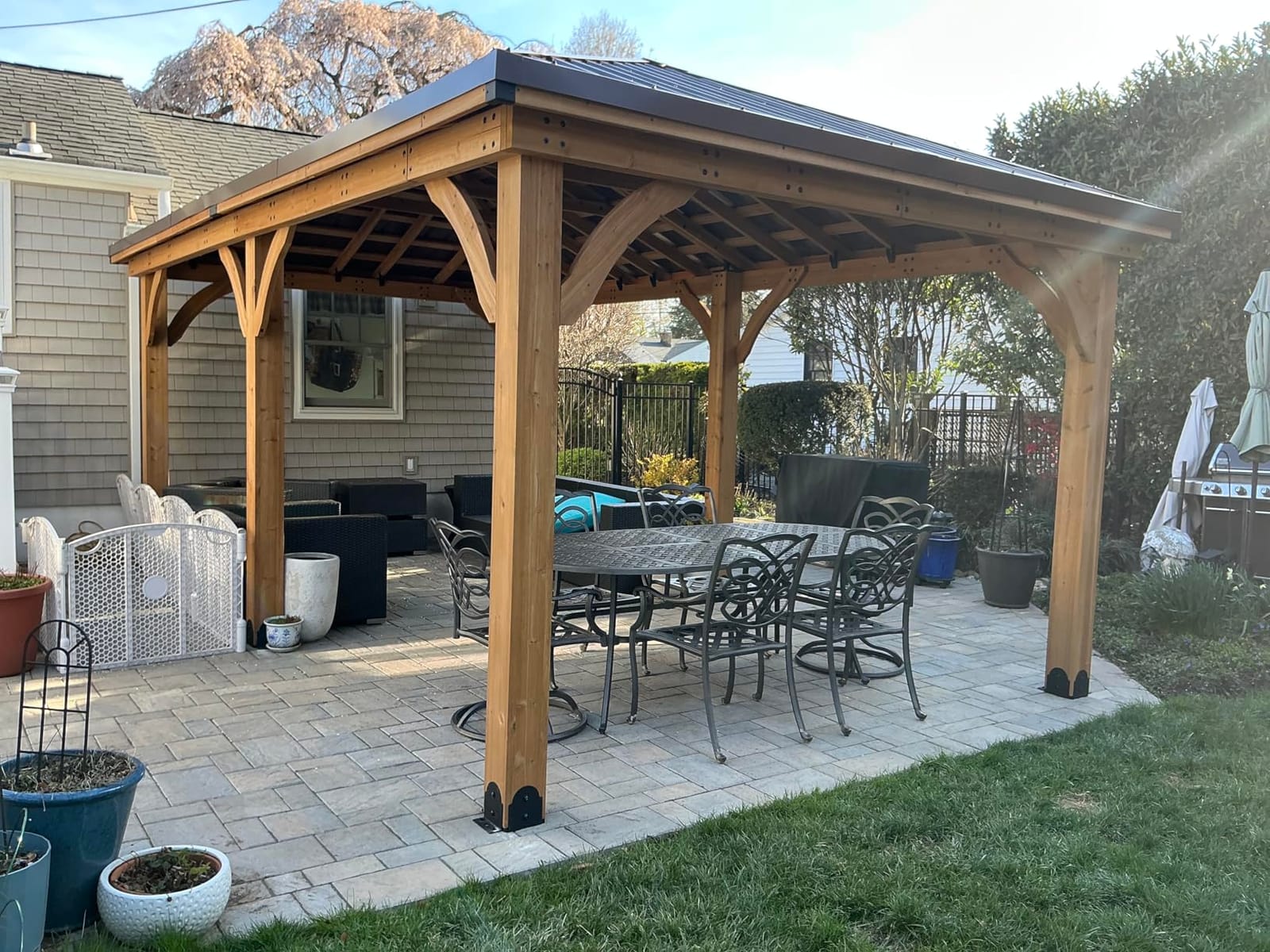 Backyard Discovery Barrington 14' x 10' Cedar Wood Outdoor Gazebo Pavilion with Hardtop Galvanized Steel Hip Roof, Snow Support, Wind Resistance, PowerPort, Shade for Garden, Patio, Deck, Entertaining customer photo 2