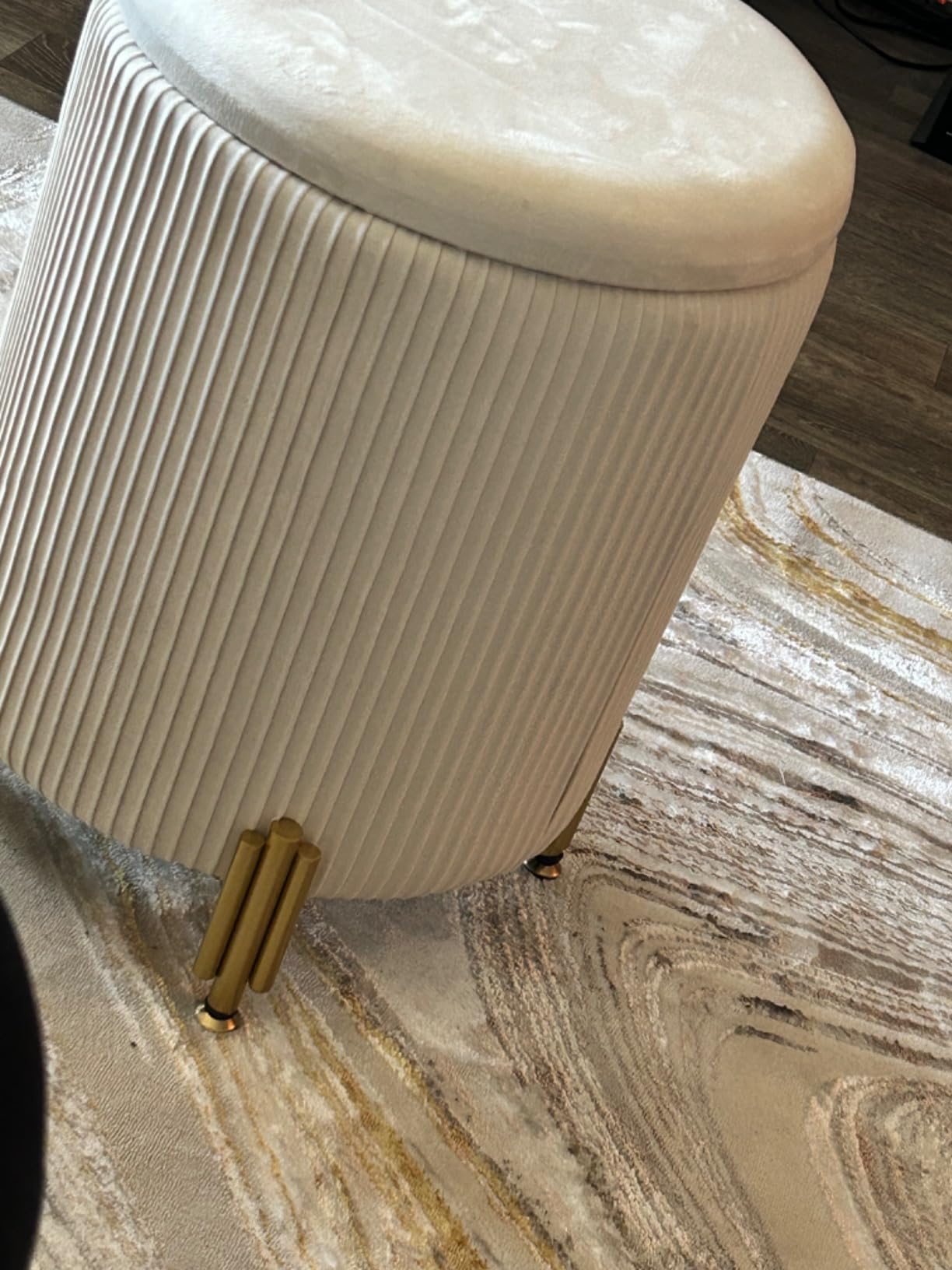 Round Ottoman Foot Stool with Storage and Metal Legs for Living Room Bedroom, Velvet Upholstered Footrest Stool Support 300lbs Modern Padded Seat Ottoman Coffee Table (Cream) customer photo 2