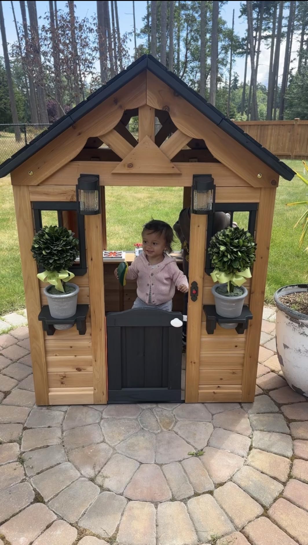 Backyard Discovery Sweetwater White Cedar Wooden Kids Playhouse Cottage with Play Kitchen, Snack Bar, Half Door, Toy Phone, Windows, Flowerpot Holders, Working Doorbell for Outdoor Imaginative Play customer photo 1