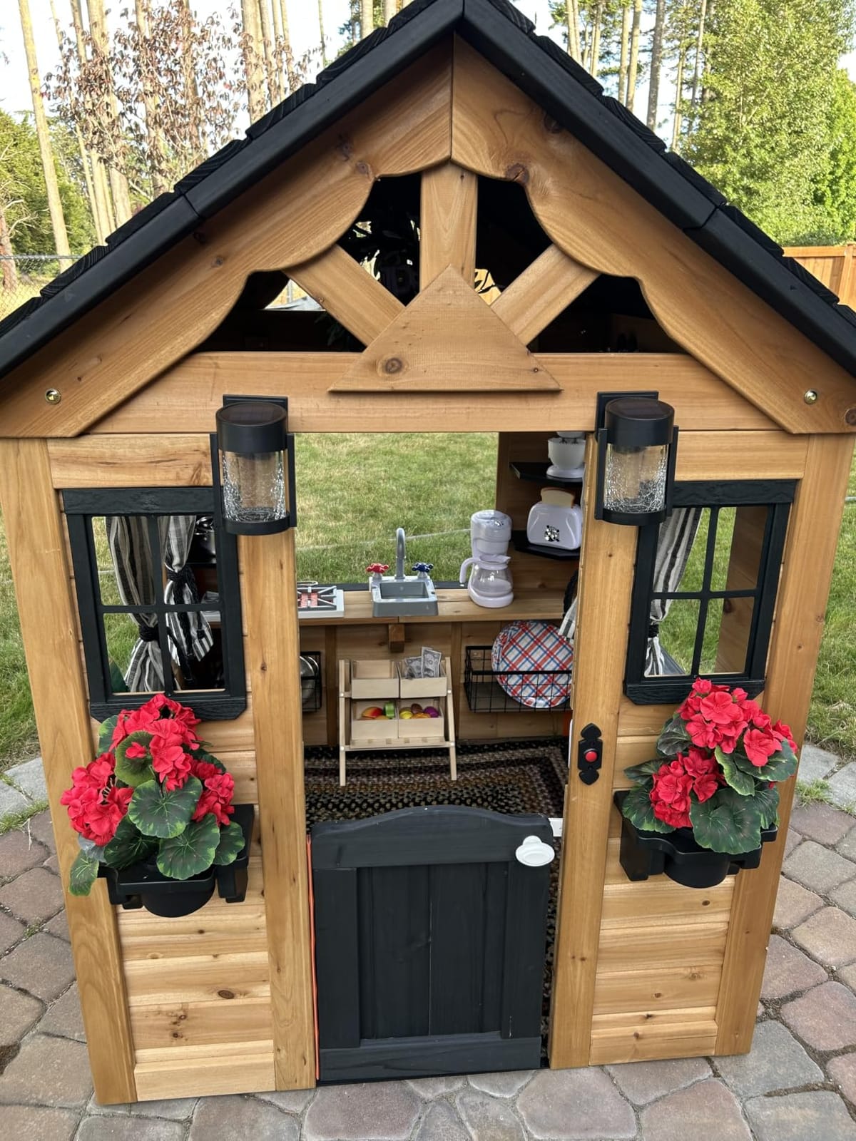 Backyard Discovery Sweetwater White Cedar Wooden Kids Playhouse Cottage with Play Kitchen, Snack Bar, Half Door, Toy Phone, Windows, Flowerpot Holders, Working Doorbell for Outdoor Imaginative Play customer photo 2
