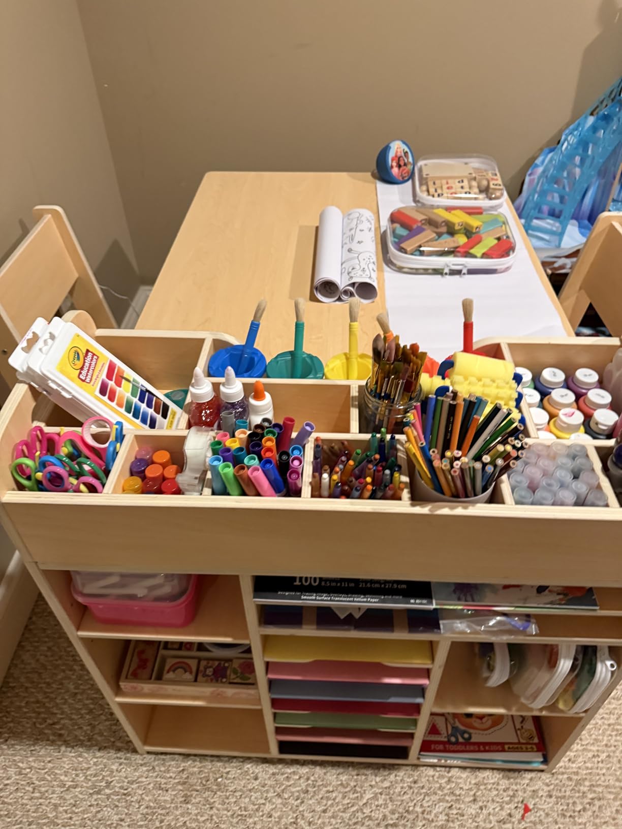 GDLF Kids Art Table and 2 Chairs with Storage, Ages 8-12, 47 x 30 Inch | Removable desktop organizer, adjustable side shelves, paper roll holder, and oak finish keep creative supplies close at hand customer photo 1