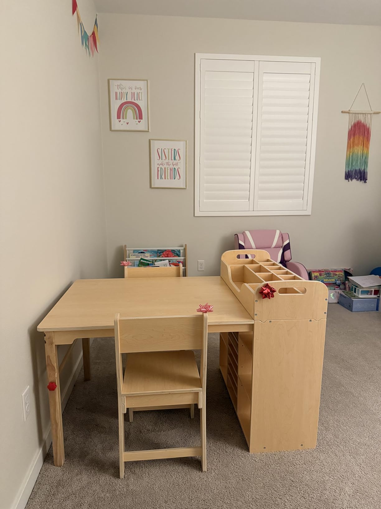 GDLF Kids Art Table and 2 Chairs with Storage, Ages 8-12, 47 x 30 Inch | Removable desktop organizer, adjustable side shelves, paper roll holder, and oak finish keep creative supplies close at hand customer photo 2