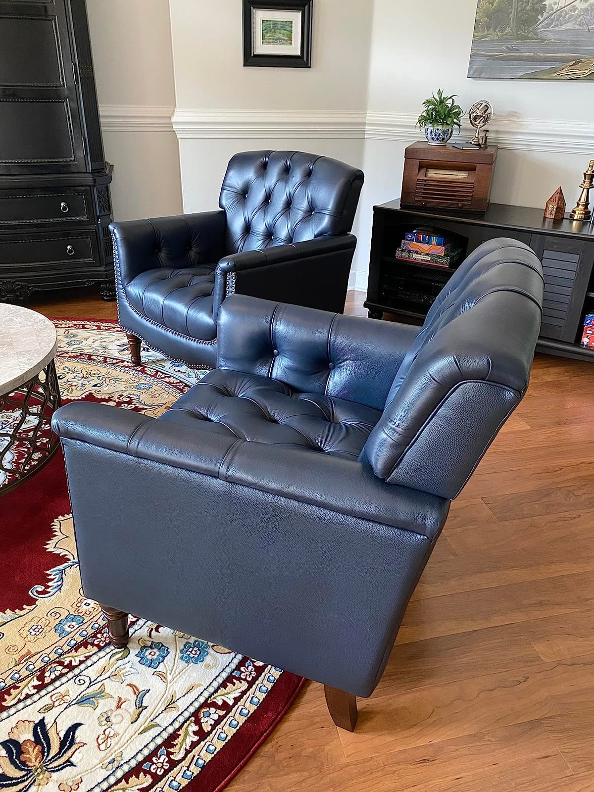 HULALA HOME Mid Century Modern Genuine Leather Accent Chair, Brown | Button Tufted Leather Armchair, Upholstered Club Chair with Nailhead Trim, Solid Wood Legs customer photo 1